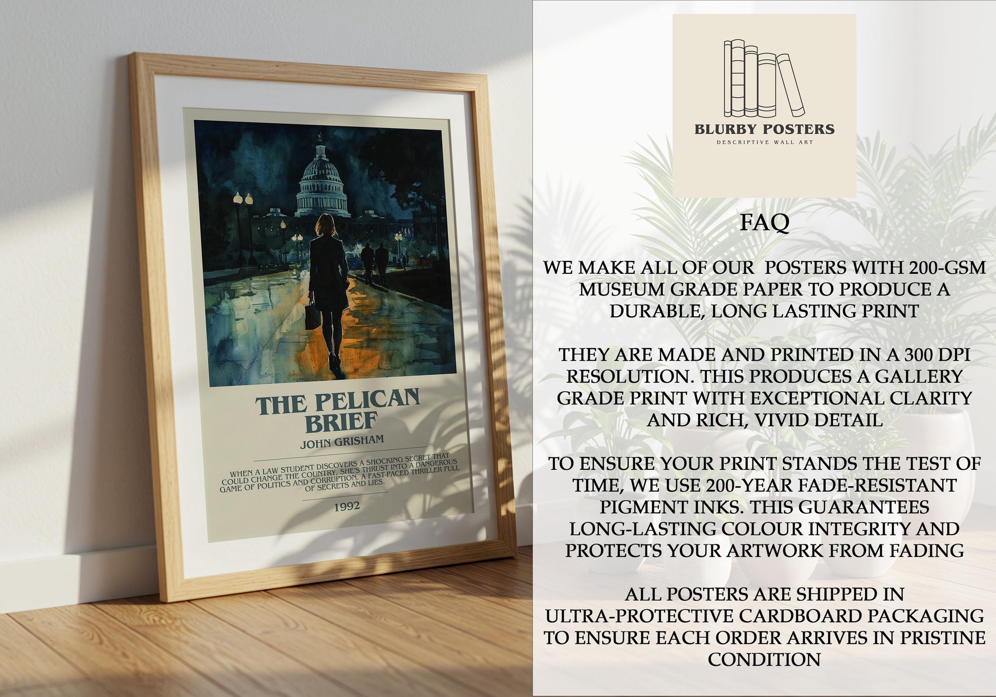 The Pelican Brief by John Grisham Descriptive Poster Print. Free Delivery Wall Art Author & Blurb Book Artwork Novel Modern