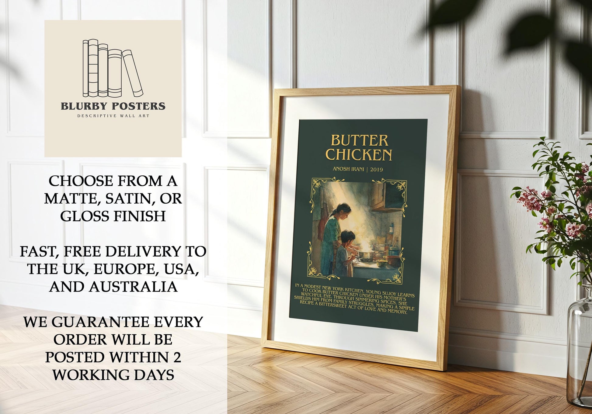 Butter Chicken by Anosh Irani Descriptive Poster Print.Free Delivery Wall Art Author&Blurb Book Artwork Novel Poster