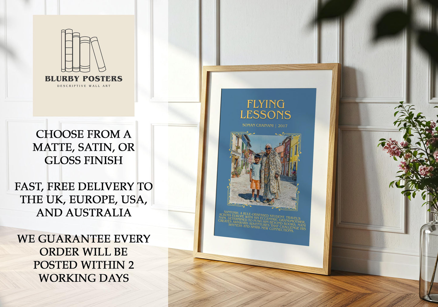 Flying Lessons by Soman Chainani Descriptive Poster Print.Free Delivery Wall Art Author&Blurb Book Artwork Novel Poster