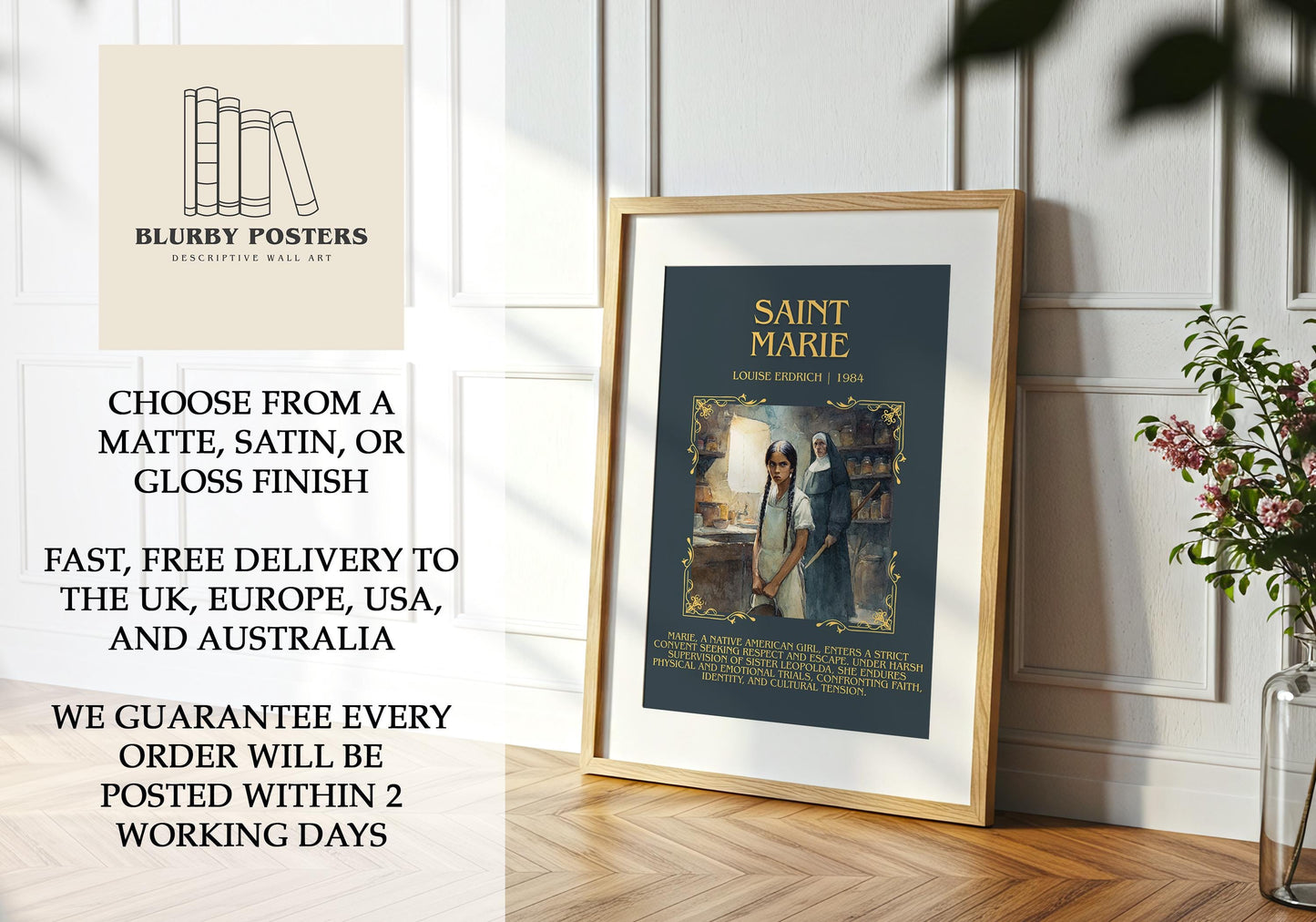 Saint Marie by Louise Erdrich Descriptive Poster Print.Free Delivery Wall Art Author&Blurb Book Artwork Novel Poster