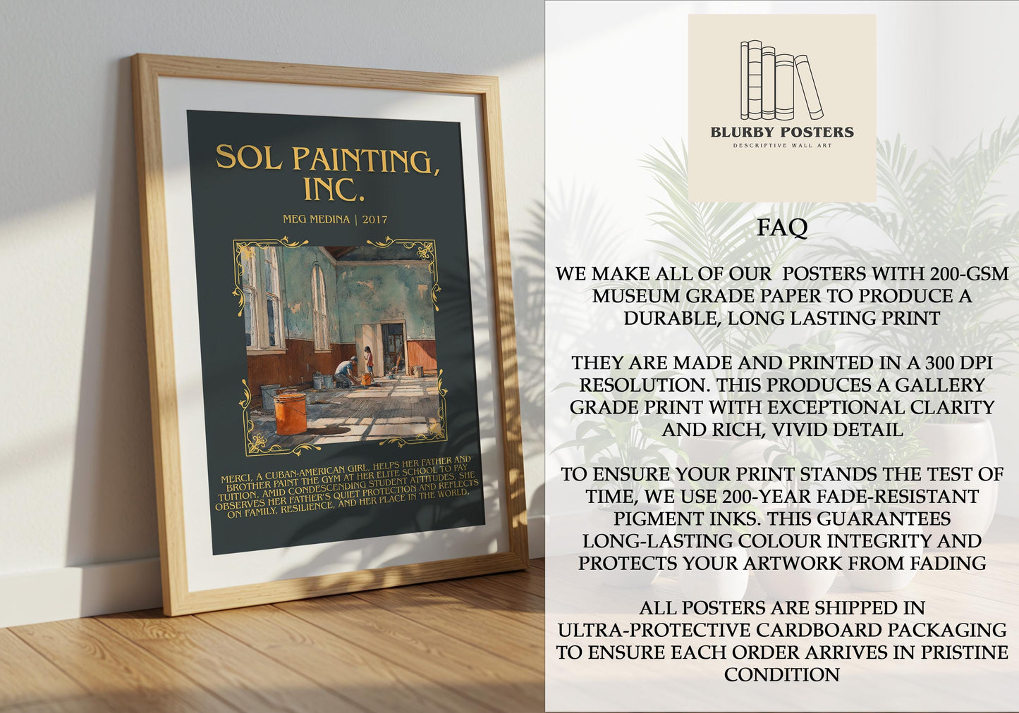 Sol Painting, Inc. by Meg Medina Descriptive Poster Print.Free Delivery Wall Art Author&Blurb Book Artwork Novel Poster