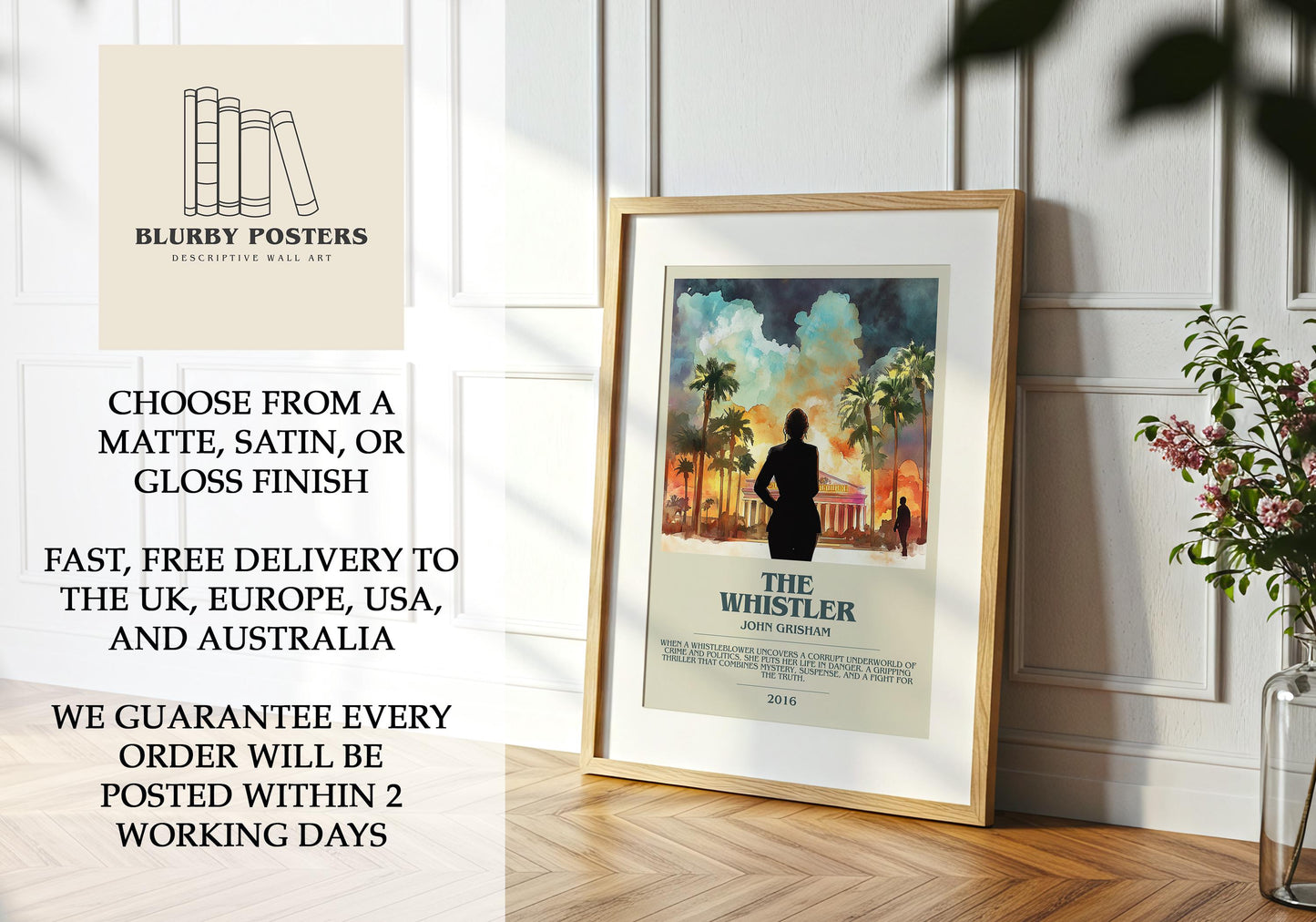 The Whistler by John Grisham Descriptive Poster Print. Free Delivery Wall Art Author & Blurb Book Artwork Novel Modern Gift