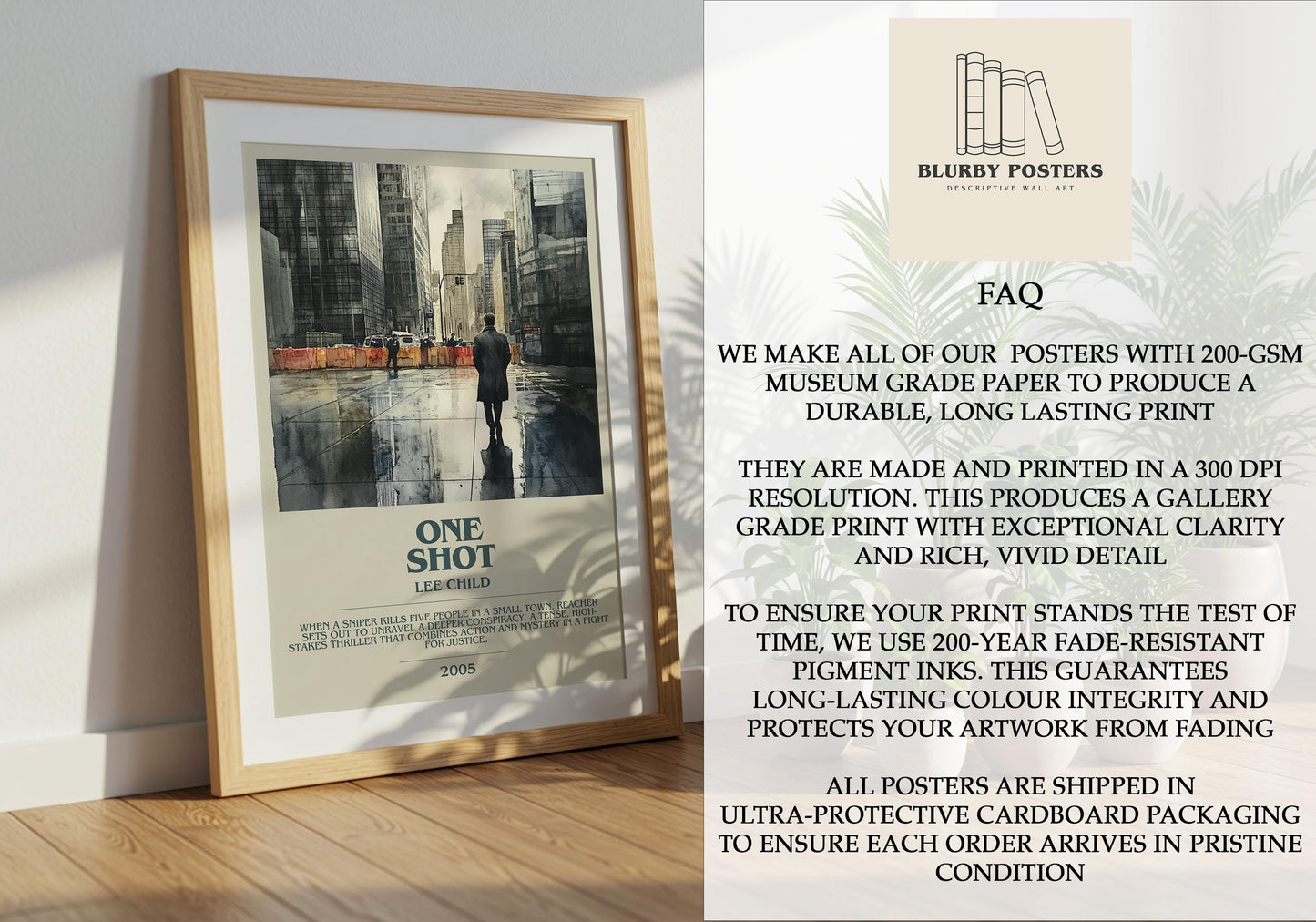 One Shot by Lee Child Descriptive Poster Print. Free Delivery Wall Art Author & Blurb Book Artwork Novel Modern Gift