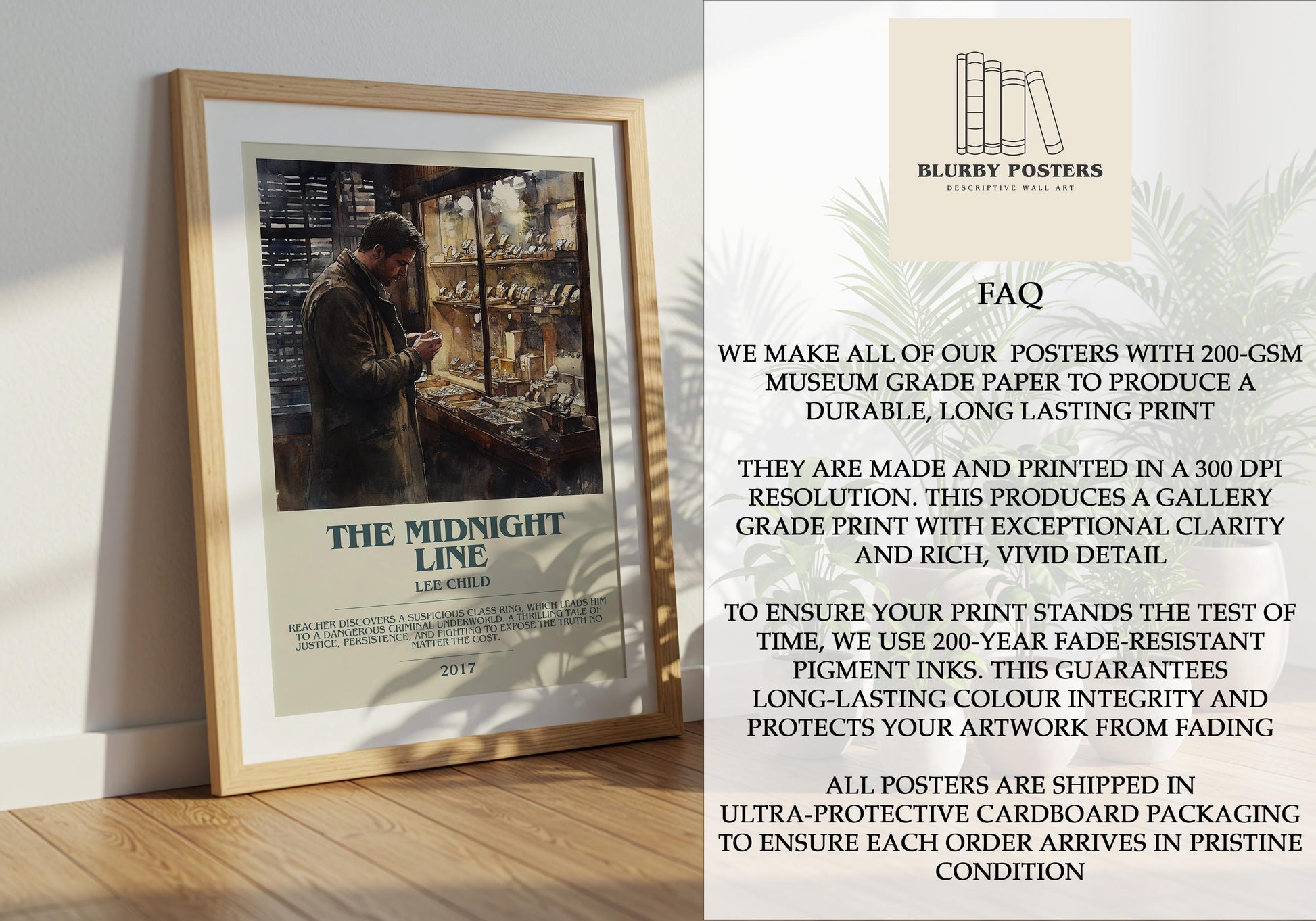 The Midnight Line by Lee Child Descriptive Poster Print. Free Delivery Wall Art Author & Blurb Book Artwork Novel Modern Gift