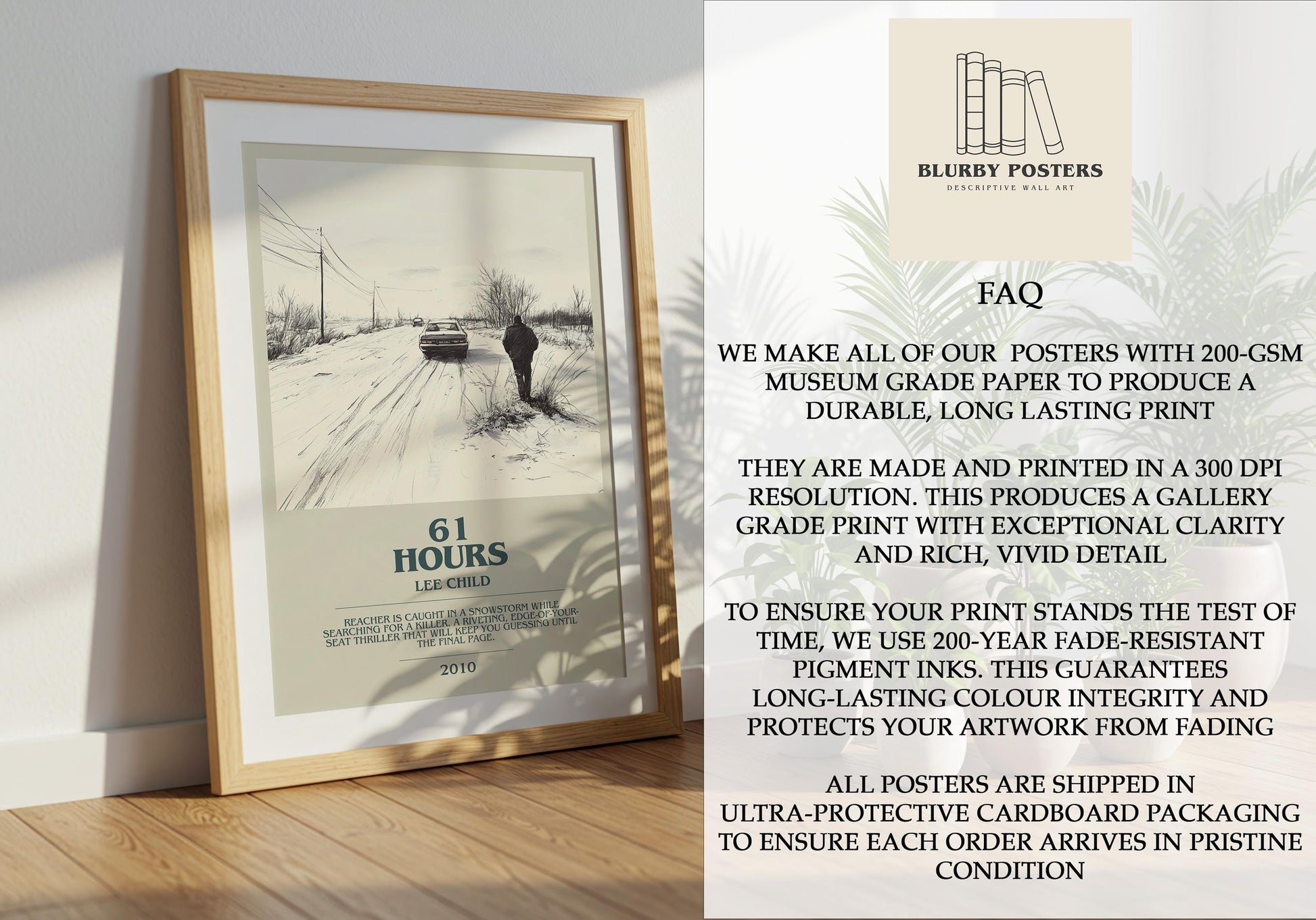 61 Hours by Lee Child Descriptive Poster Print. Free Delivery Wall Art Author & Blurb Book Artwork Novel Modern Gift