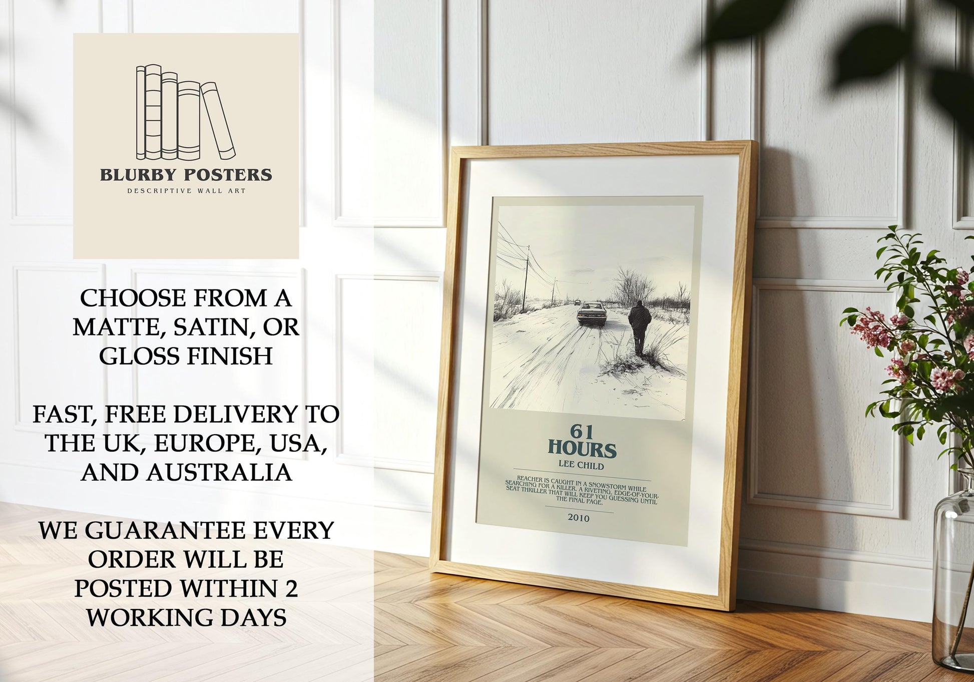 61 Hours by Lee Child Descriptive Poster Print. Free Delivery Wall Art Author & Blurb Book Artwork Novel Modern Gift