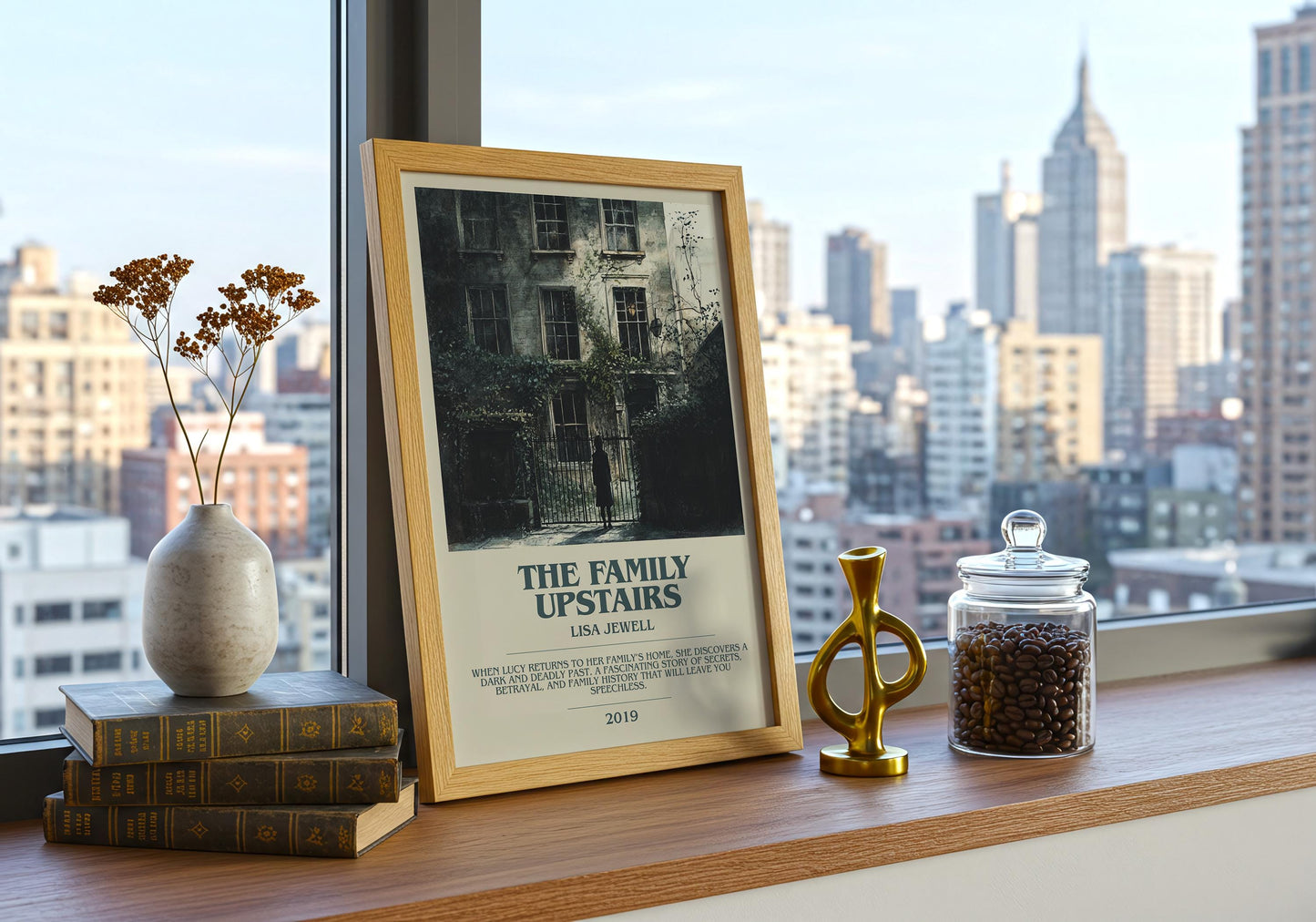 The Family Upstairs by Lisa Jewell Descriptive Poster Print. Free Delivery Wall Art Author & Blurb Book Artwork Novel Modern Gift