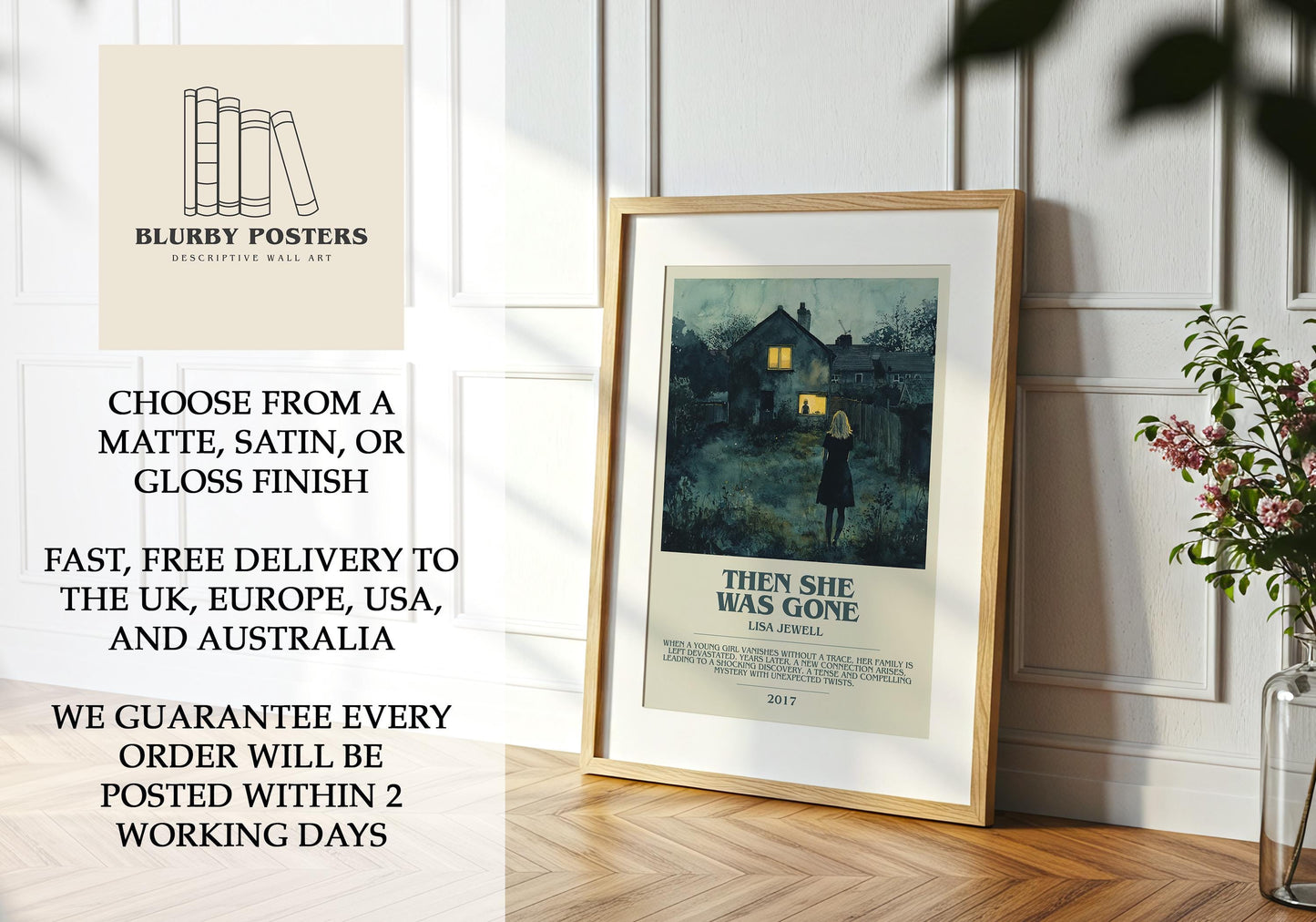 Then She Was Gone by Lisa Jewell Descriptive Poster Print. Free Delivery Wall Art Author & Blurb Book Artwork Novel Modern Gift