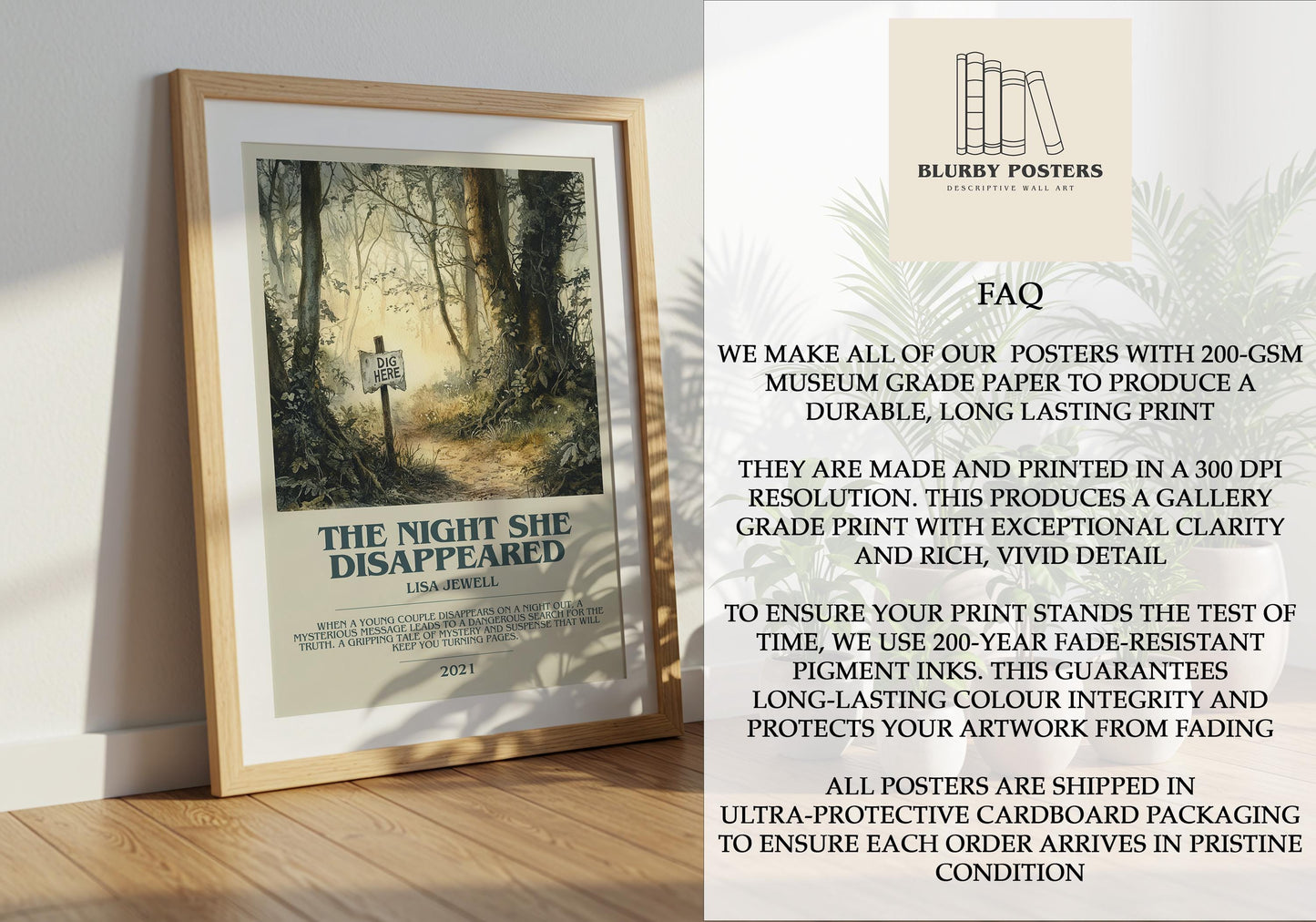 The Night She Disappeared by Lisa Jewell Descriptive Poster Print. Free Delivery Wall Art Author & Blurb Book Artwork Novel Modern Gift