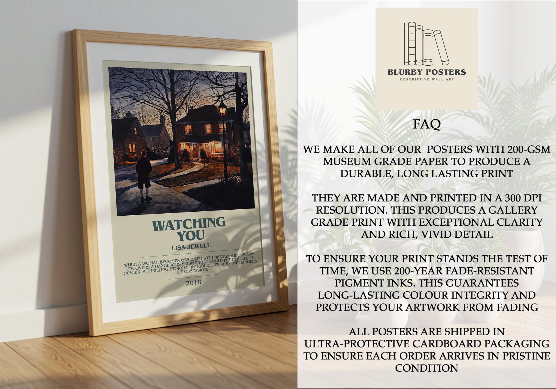 Watching You by Lisa Jewell Descriptive Poster Print. Free Delivery Wall Art Author & Blurb Book Artwork Novel Modern Gift
