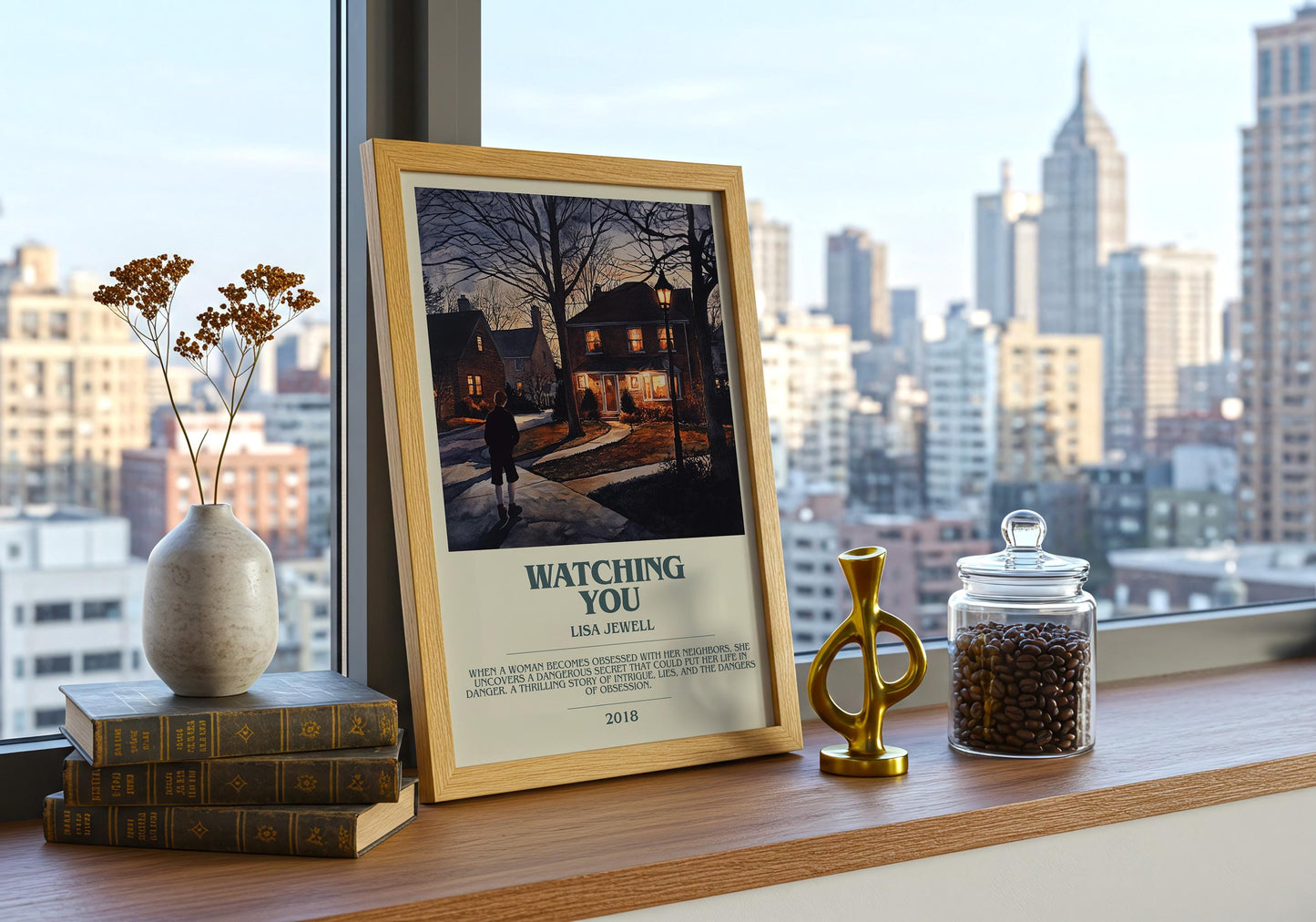Watching You by Lisa Jewell Descriptive Poster Print. Free Delivery Wall Art Author & Blurb Book Artwork Novel Modern Gift