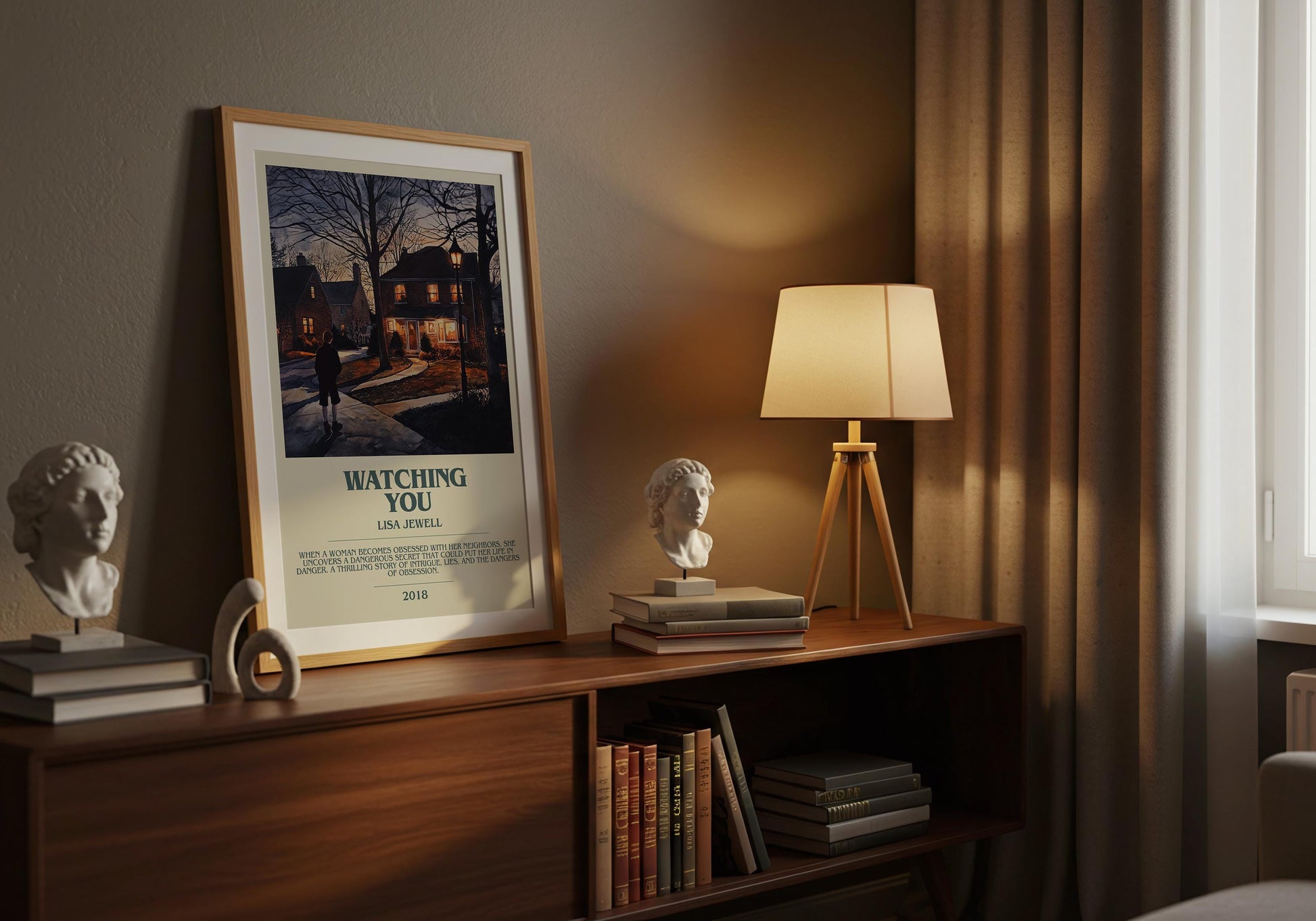 Watching You by Lisa Jewell Descriptive Poster Print. Free Delivery Wall Art Author & Blurb Book Artwork Novel Modern Gift