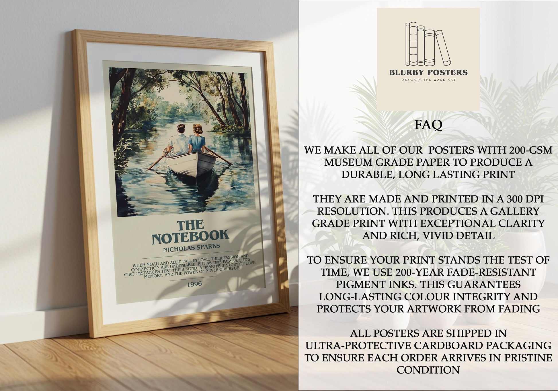 The Notebook by Nicholas Sparks Descriptive Poster Print. Free Delivery Wall Art Author & Blurb Book Artwork Novel Modern Gift