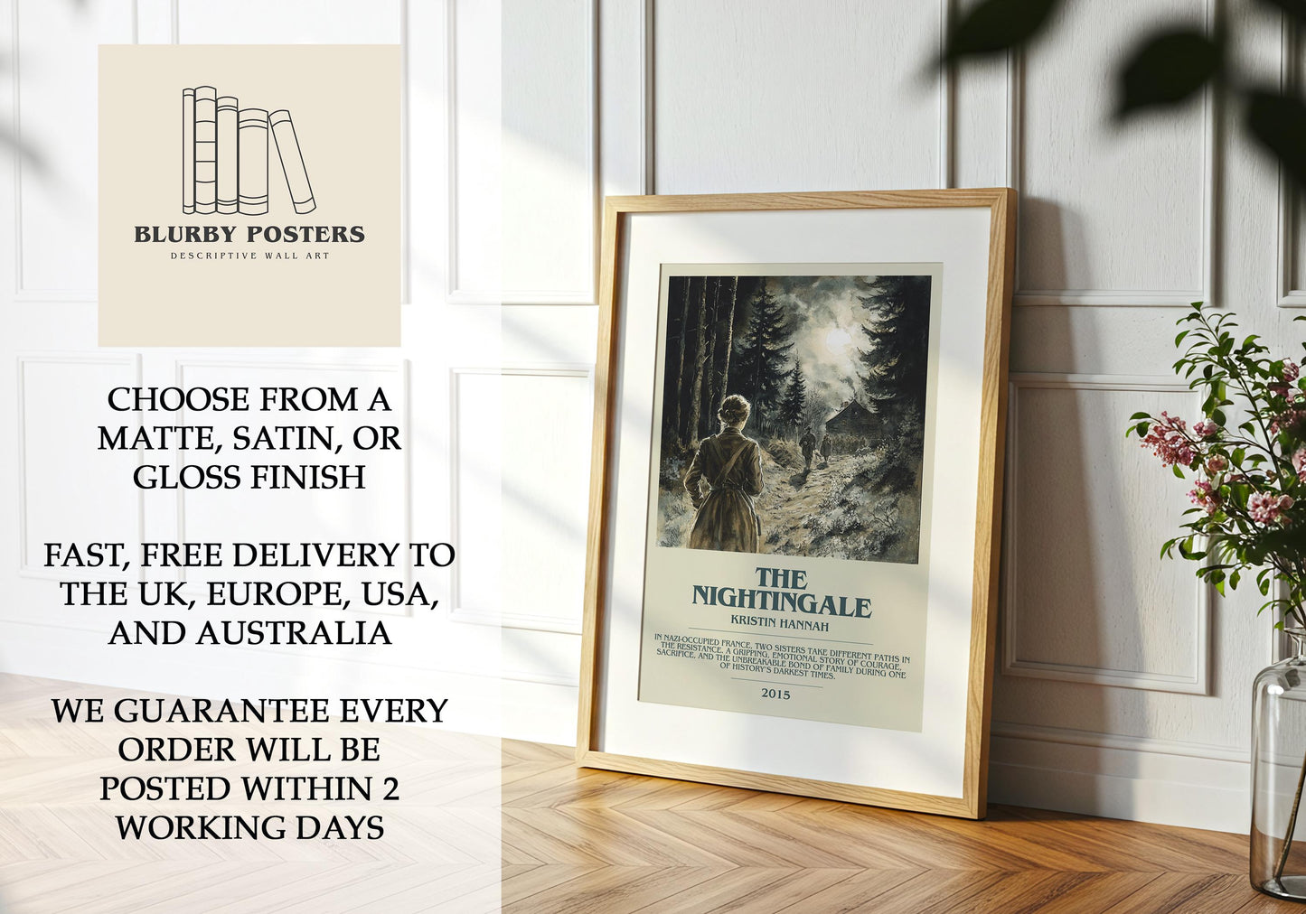 The Nightingale by Kristin Hannah Descriptive Poster Print. Free Delivery Wall Art Author & Blurb Book Artwork Novel Modern Gift