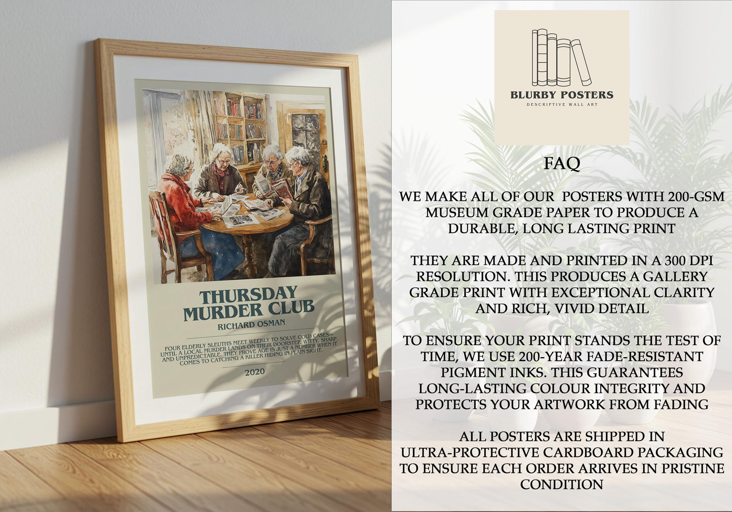 Thursday Murder Club by Richard Osman Descriptive Poster Print. Free Delivery Wall Art Author & Blurb Book Artwork Novel Modern Gift
