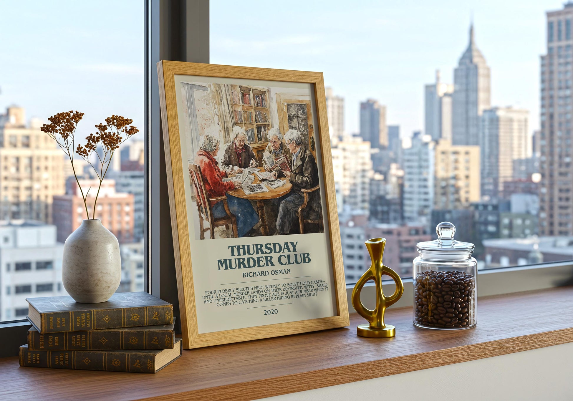 Thursday Murder Club by Richard Osman Descriptive Poster Print. Free Delivery Wall Art Author & Blurb Book Artwork Novel Modern Gift