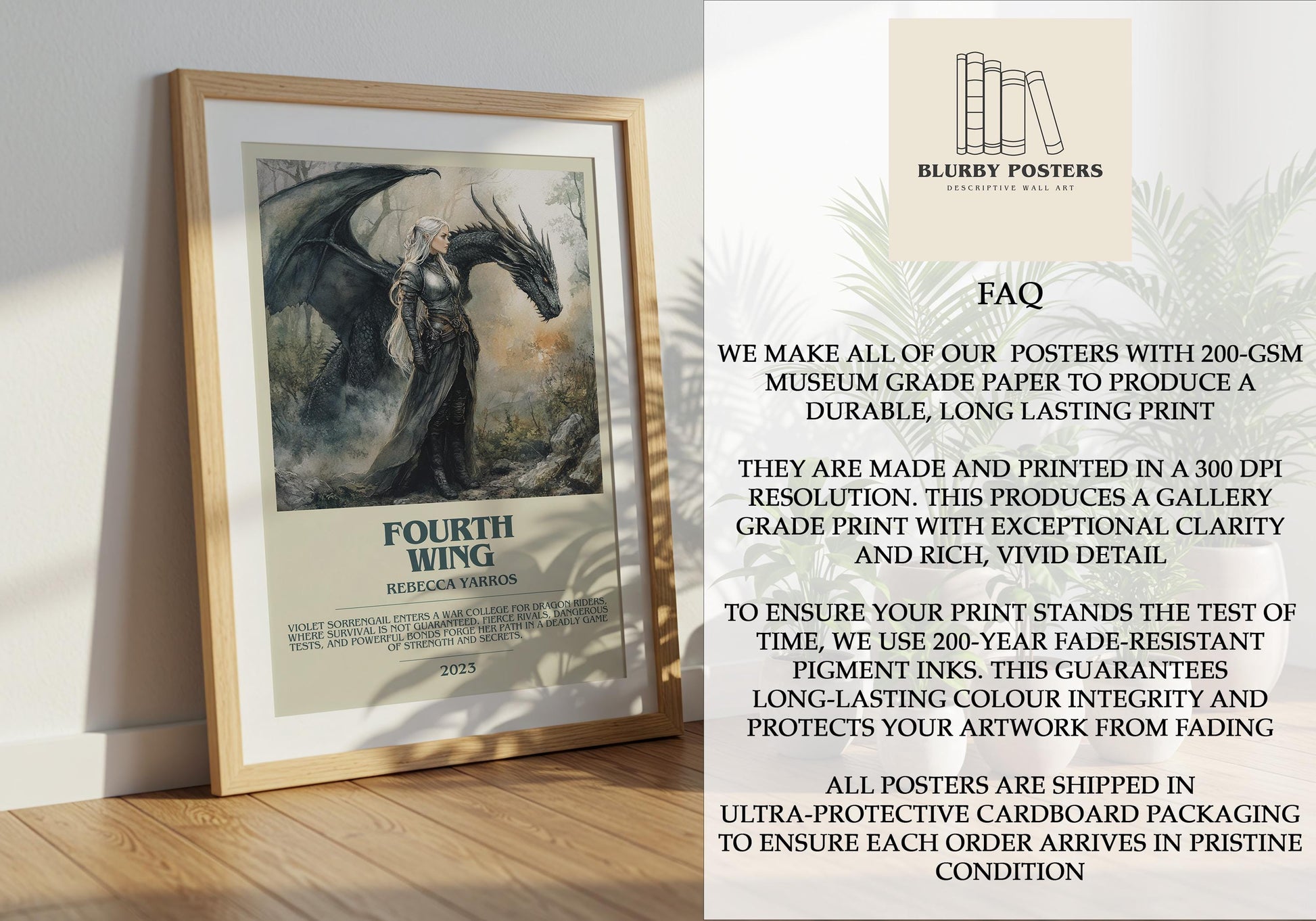 Fourth Wing by Rebecca Yarros Descriptive Poster Print. Free Delivery Wall Art Author & Blurb Book Artwork Novel Modern Gift