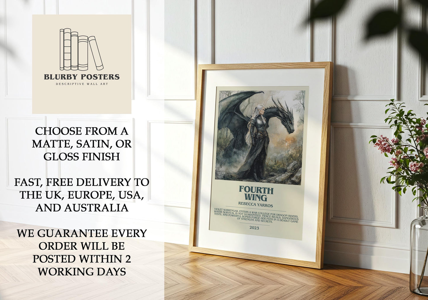 Fourth Wing by Rebecca Yarros Descriptive Poster Print. Free Delivery Wall Art Author & Blurb Book Artwork Novel Modern Gift