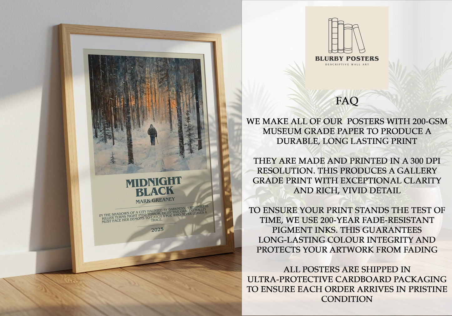 Midnight Black by Mark Greaney Descriptive Poster Print. Free Delivery Wall Art Author & Blurb Book Artwork Novel Modern Gift