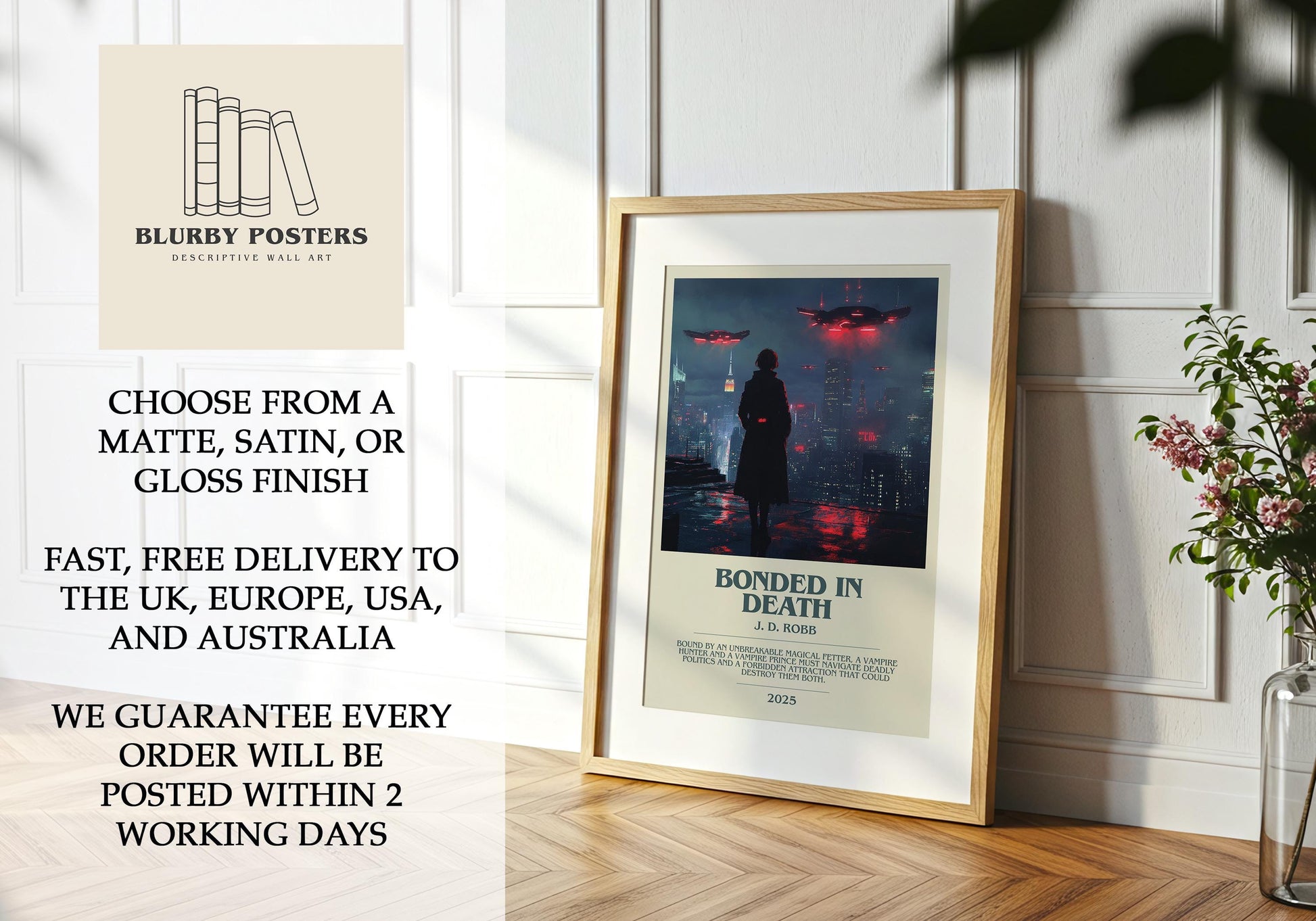 Bonded In Death by J.D. Robb Descriptive Poster Print. Free Delivery Wall Art Author & Blurb Book Artwork Novel Modern Gift
