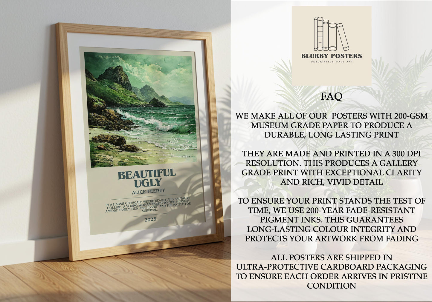 Beautiful Ugly by Alice Feeney Descriptive Poster Print. Free Delivery Wall Art Author & Blurb Book Artwork Novel Modern Gift