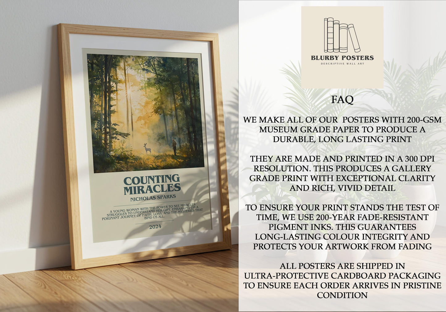 Counting Miracles by Nicholas Sparks Descriptive Poster Print. Free Delivery Wall Art Author & Blurb Book Artwork Novel Modern Gift