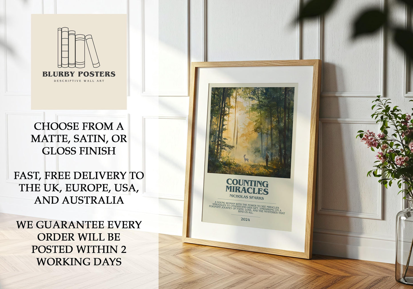 Counting Miracles by Nicholas Sparks Descriptive Poster Print. Free Delivery Wall Art Author & Blurb Book Artwork Novel Modern Gift