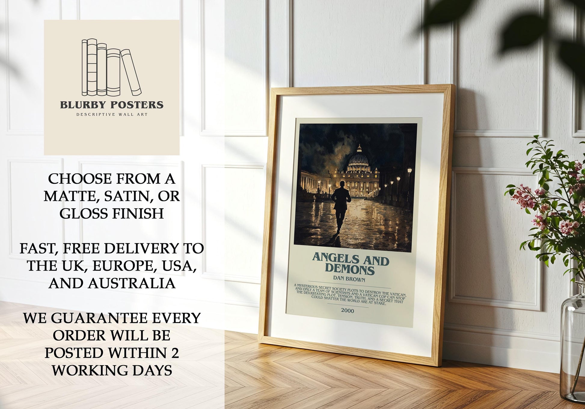 Angels and Demons by Dan Brown Descriptive Poster Print. Free Delivery Wall Art Author & Blurb Book Artwork Novel Modern Gift