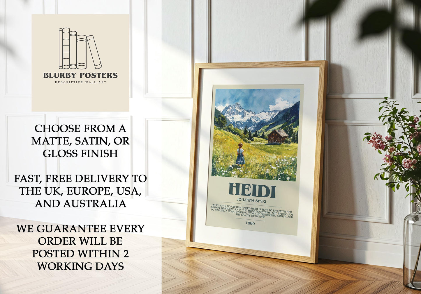 Heidi by Johanna Spyri Descriptive Poster Print. Free Delivery Wall Art Author & Blurb Book Artwork Novel Modern Gift