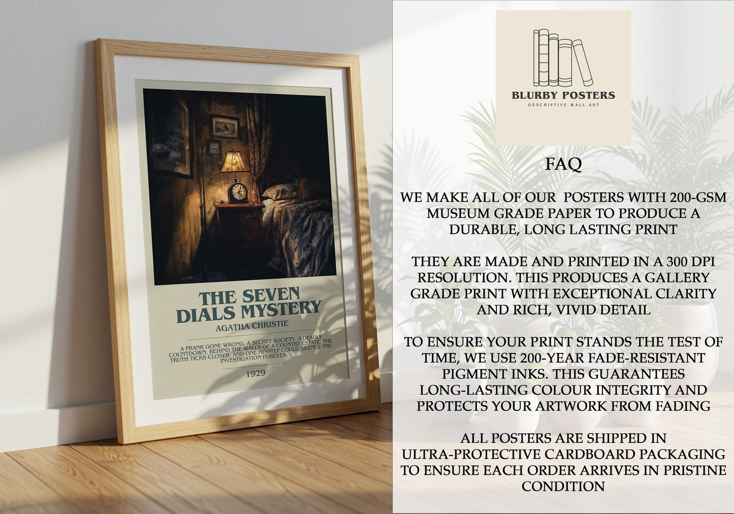 The Seven Dials Mystery by Agatha Christie Descriptive Poster Print. Free Delivery Wall Art Author & Blurb Book Artwork Novel Modern Gift