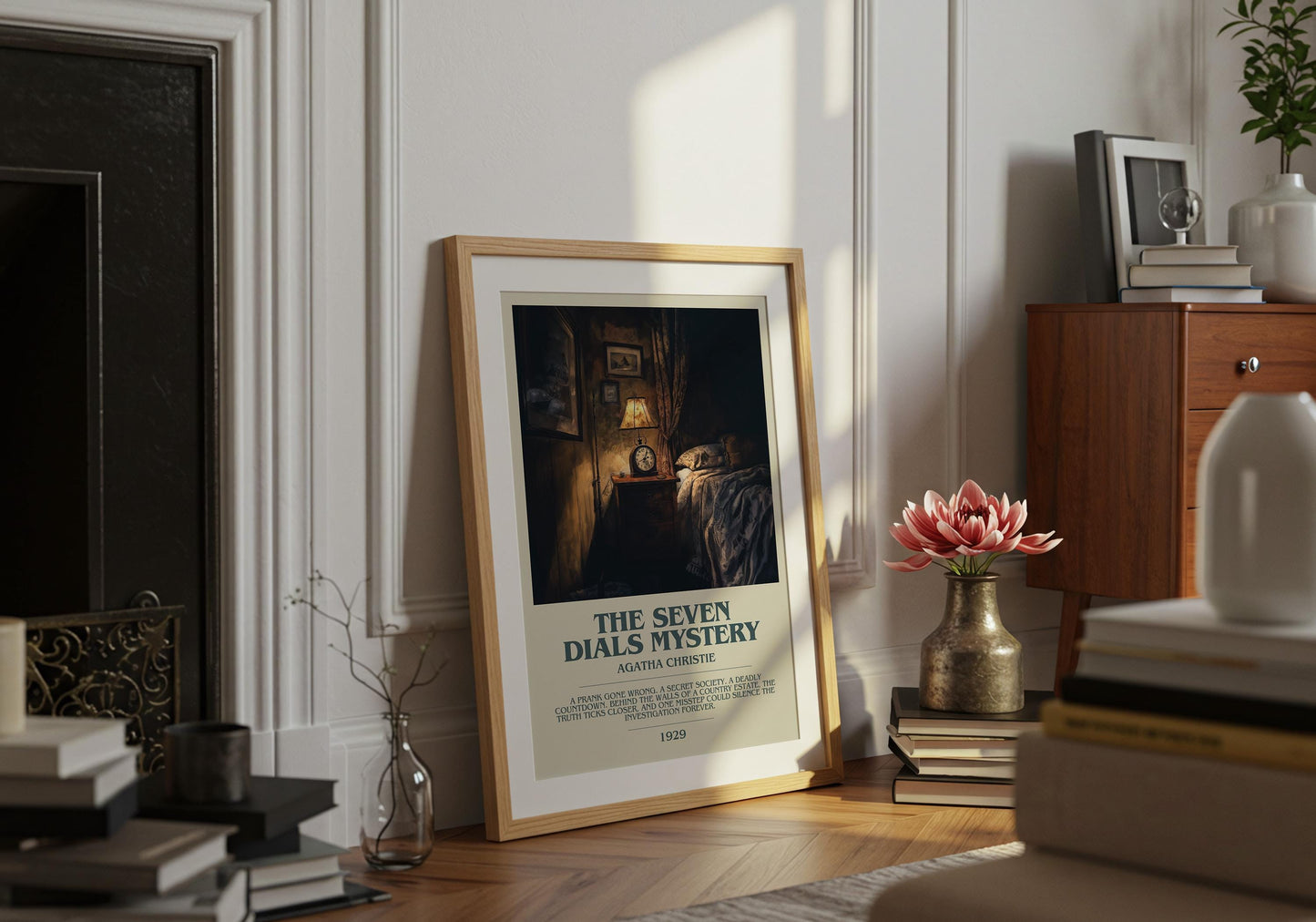 The Seven Dials Mystery by Agatha Christie Descriptive Poster Print. Free Delivery Wall Art Author & Blurb Book Artwork Novel Modern Gift
