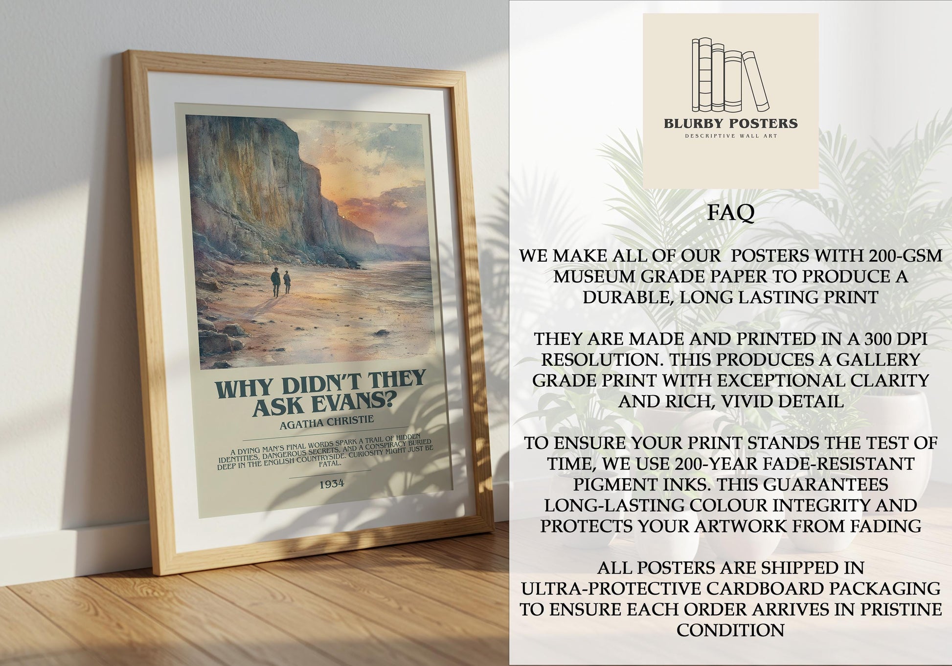 Why Didn't They Ask Evans? by Agatha Christie Descriptive Poster Print. Free Delivery Wall Art Author & Blurb Book Artwork Novel Modern Gift