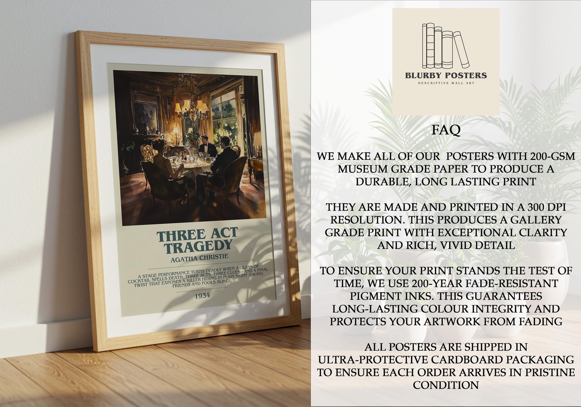 Three Act Tradegy by Agatha Christie Descriptive Poster Print. Free Delivery Wall Art Author & Blurb Book Artwork Novel Modern Gift