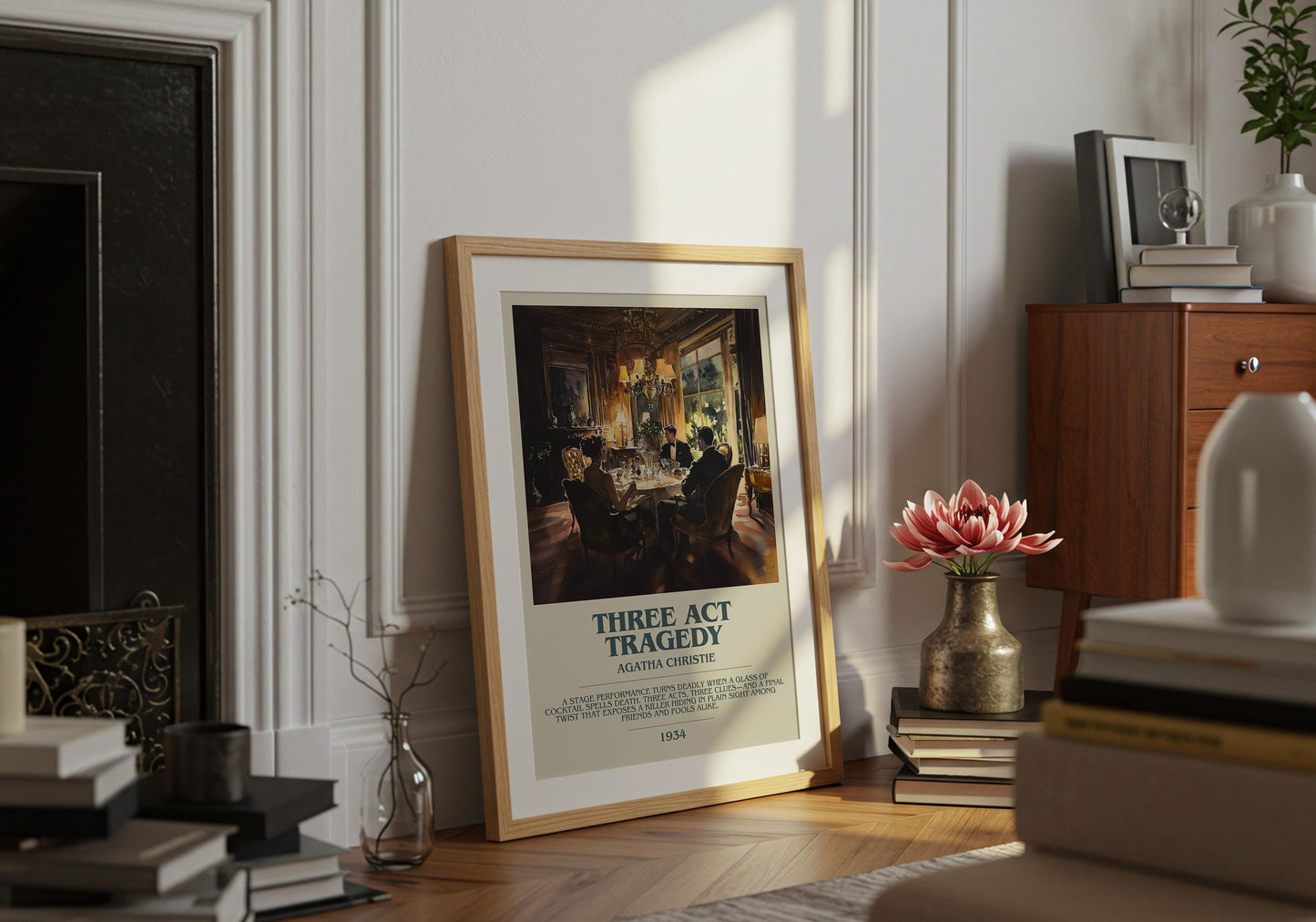 Three Act Tradegy by Agatha Christie Descriptive Poster Print. Free Delivery Wall Art Author & Blurb Book Artwork Novel Modern Gift
