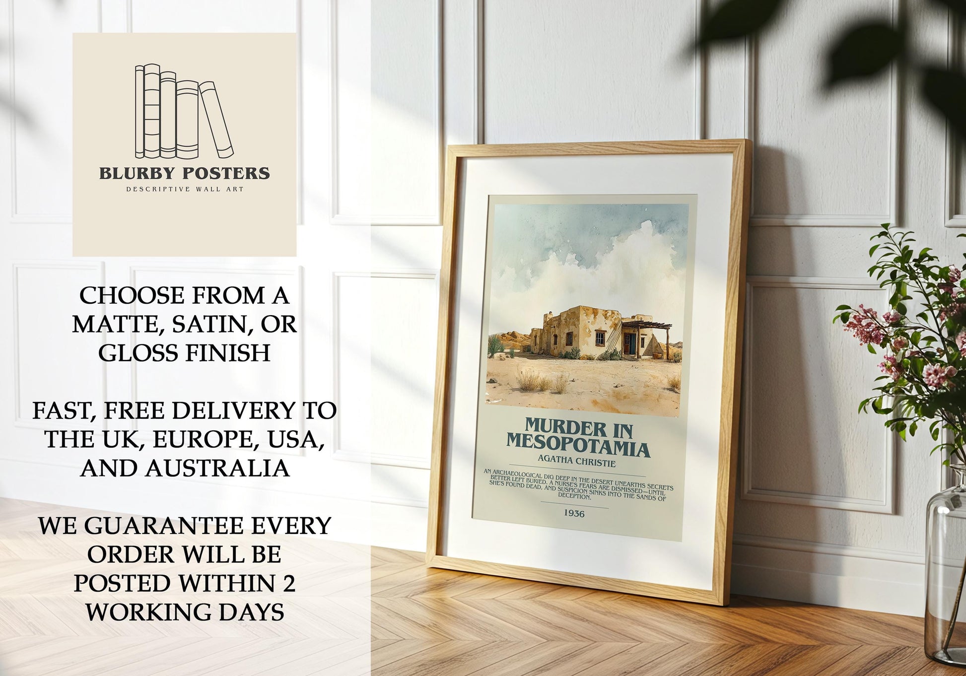 Muder In Mesopotamia by Agatha Christie Descriptive Poster Print. Free Delivery Wall Art Author & Blurb Book Artwork Novel Modern Gift