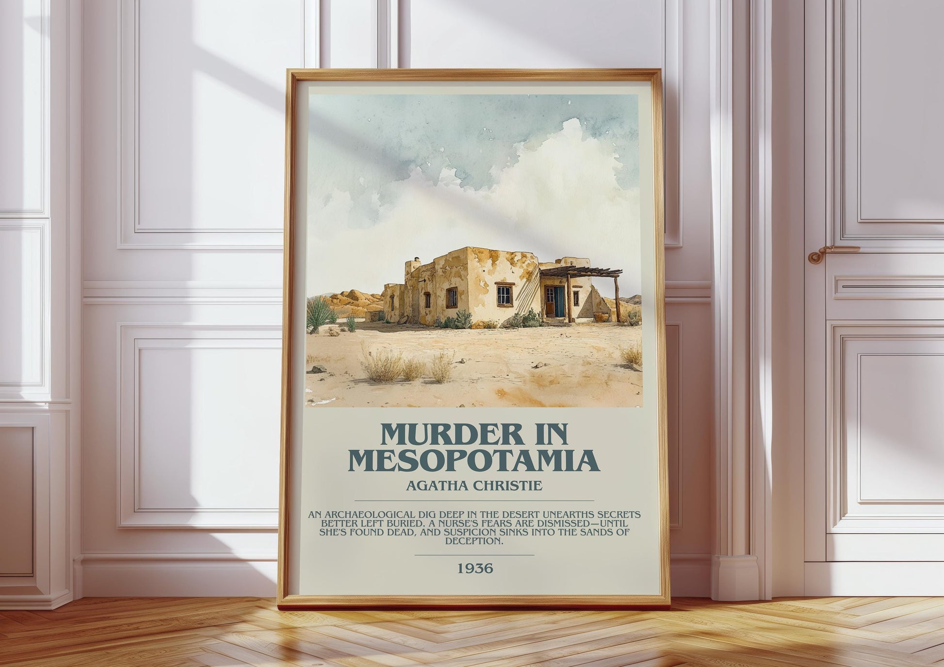 Muder In Mesopotamia by Agatha Christie Descriptive Poster Print. Free Delivery Wall Art Author & Blurb Book Artwork Novel Modern Gift