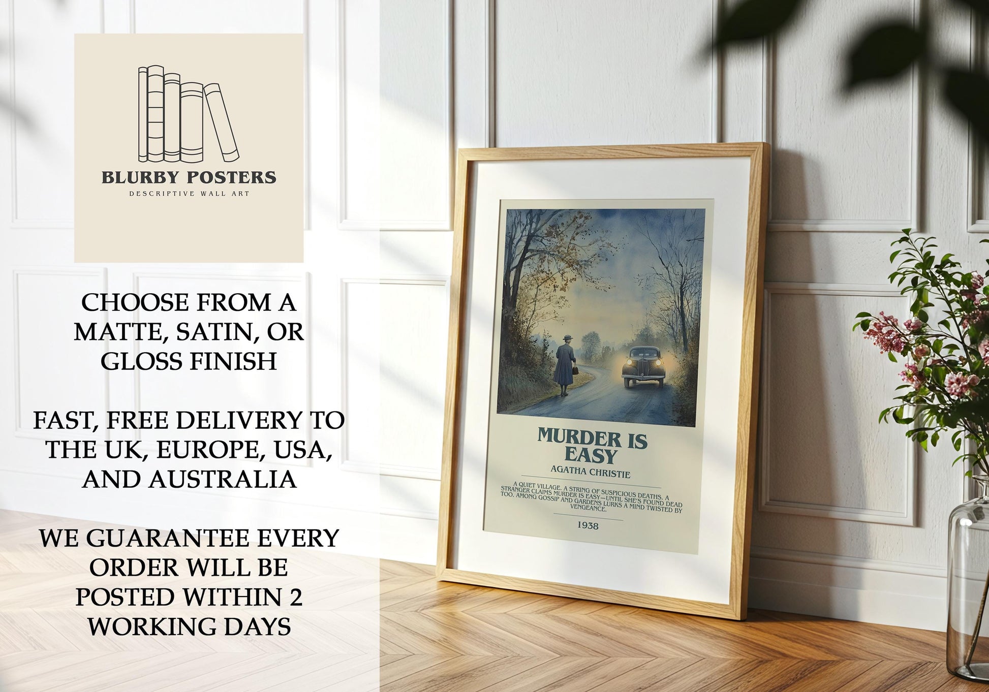 Murder Is Easy by Agatha Christie Descriptive Poster Print. Free Delivery Wall Art Author & Blurb Book Artwork Novel Modern Gift