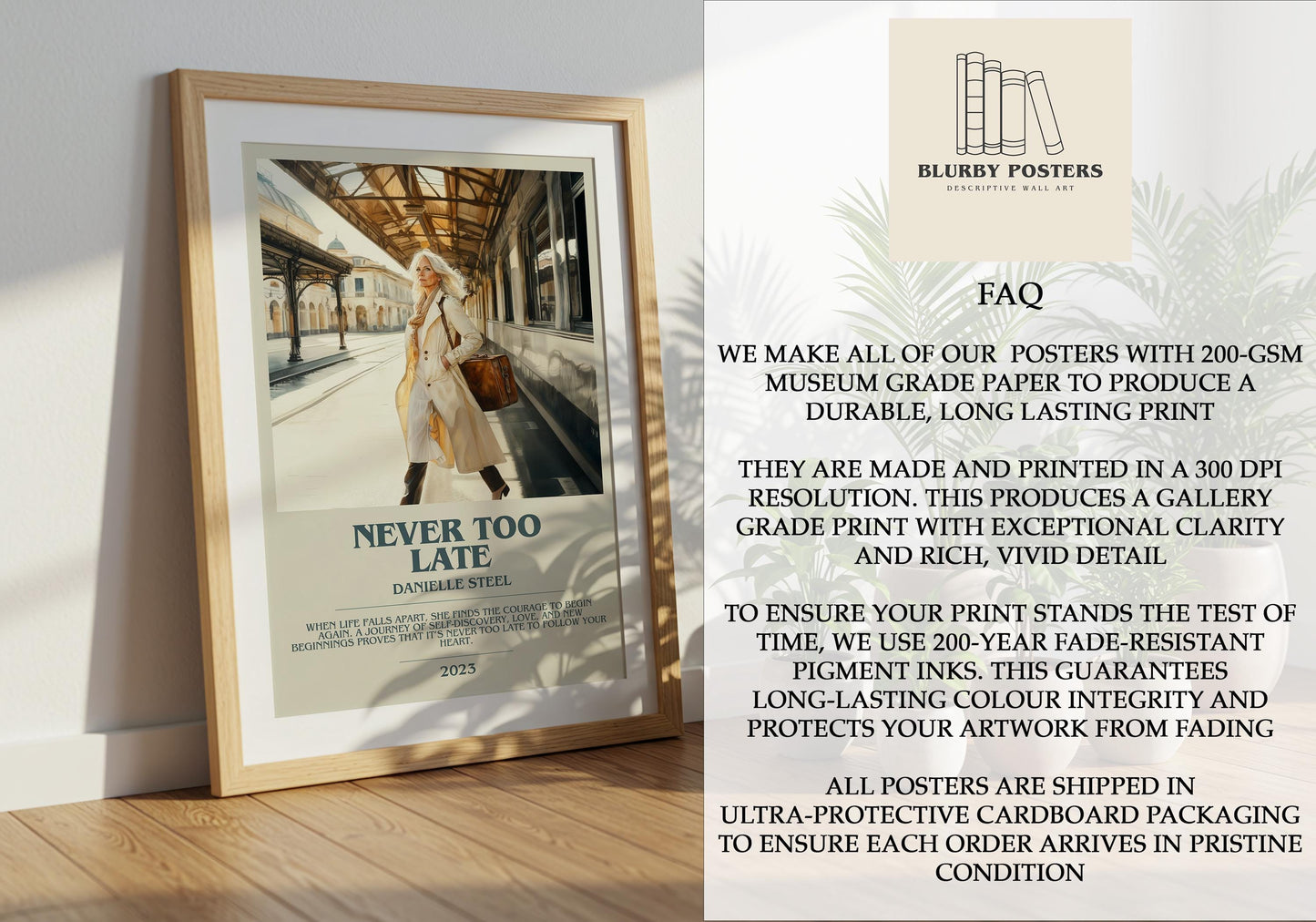 Never Too Late by Danielle Steel Descriptive Poster Print. Free Delivery Wall Art Author & Blurb Book Artwork Novel Modern Gift