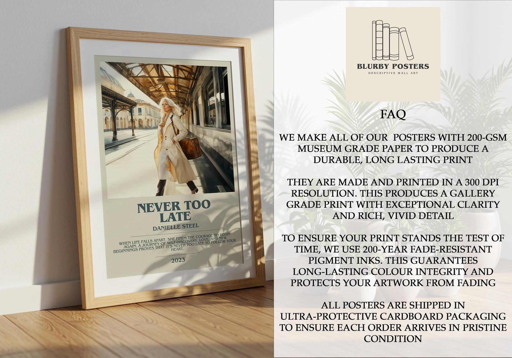 Never Too Late by Danielle Steel Descriptive Poster Print. Free Delivery Wall Art Author & Blurb Book Artwork Novel Modern Gift