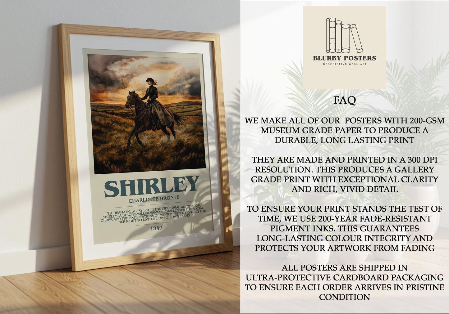 Shirley by Charlotte Bronte Descriptive Poster Print. Free Delivery Wall Art Author & Blurb Book Artwork Novel Modern Gift
