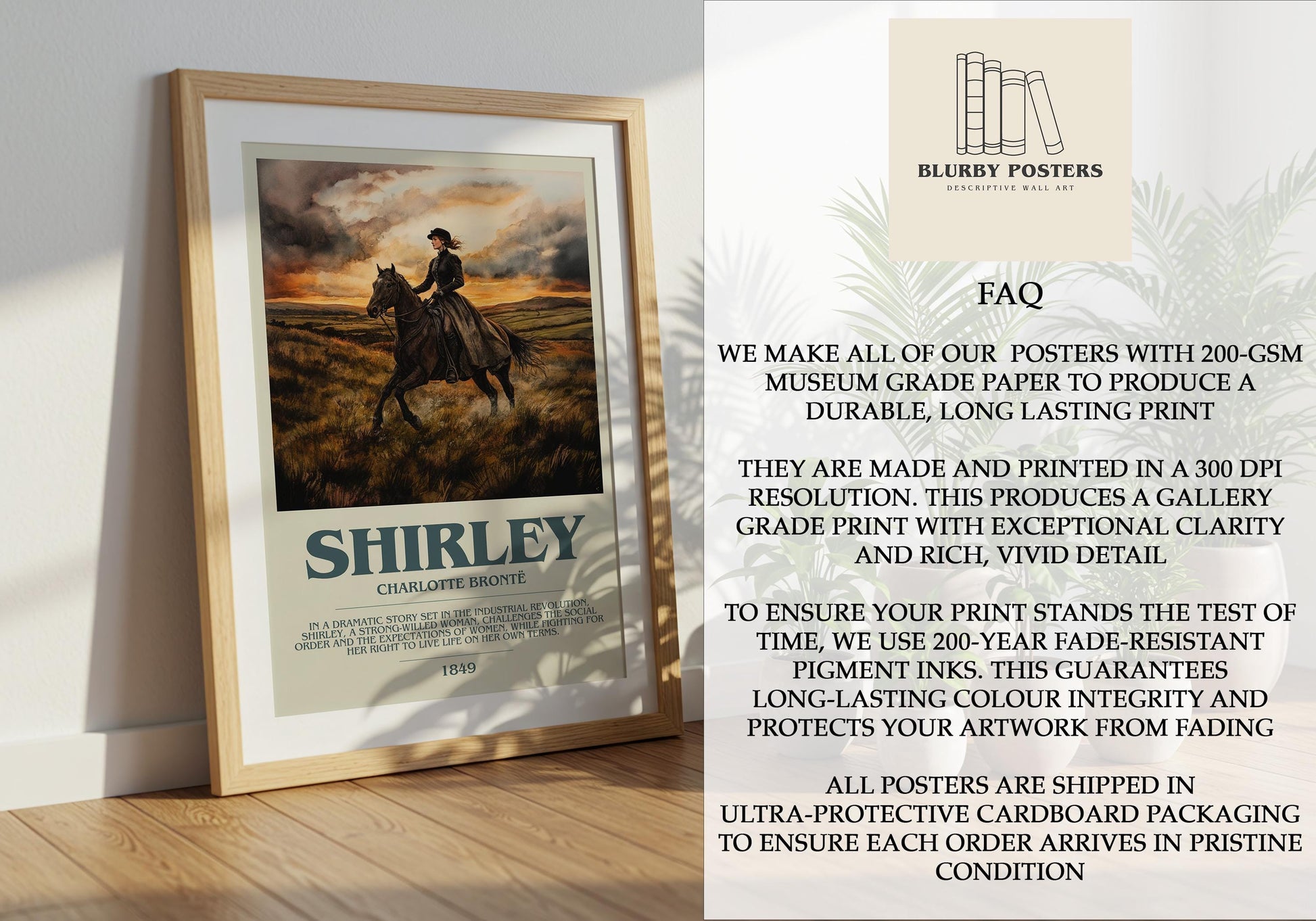 Shirley by Charlotte Bronte Descriptive Poster Print. Free Delivery Wall Art Author & Blurb Book Artwork Novel Modern Gift
