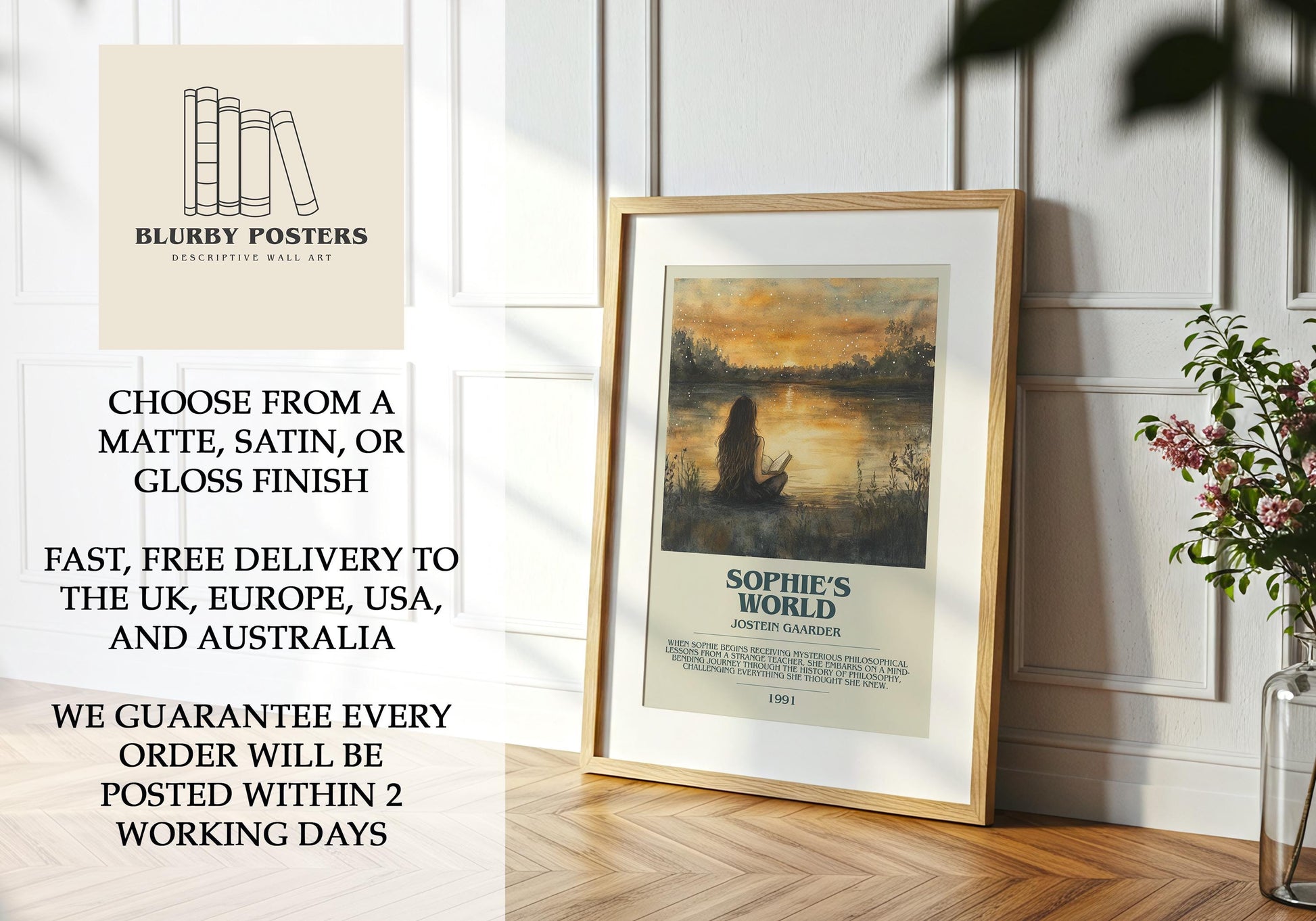 Sophie's World by Jostein Gaarder Descriptive Poster Print. Free Delivery Wall Art Author & Blurb Book Artwork Novel Modern Gift