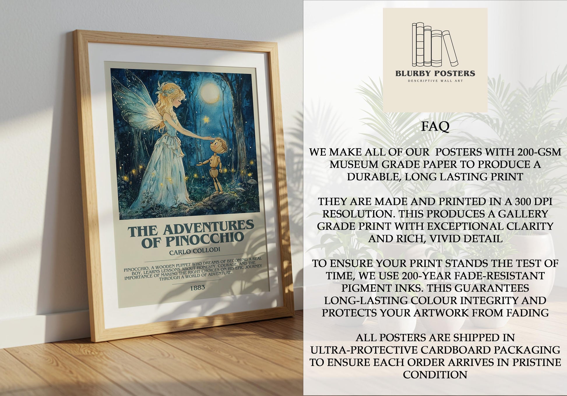 The Adventures Of Pinocchio by Carlo Collodi Descriptive Poster Print. Free Delivery Wall Art Author & Blurb Book Artwork Novel Modern Gift