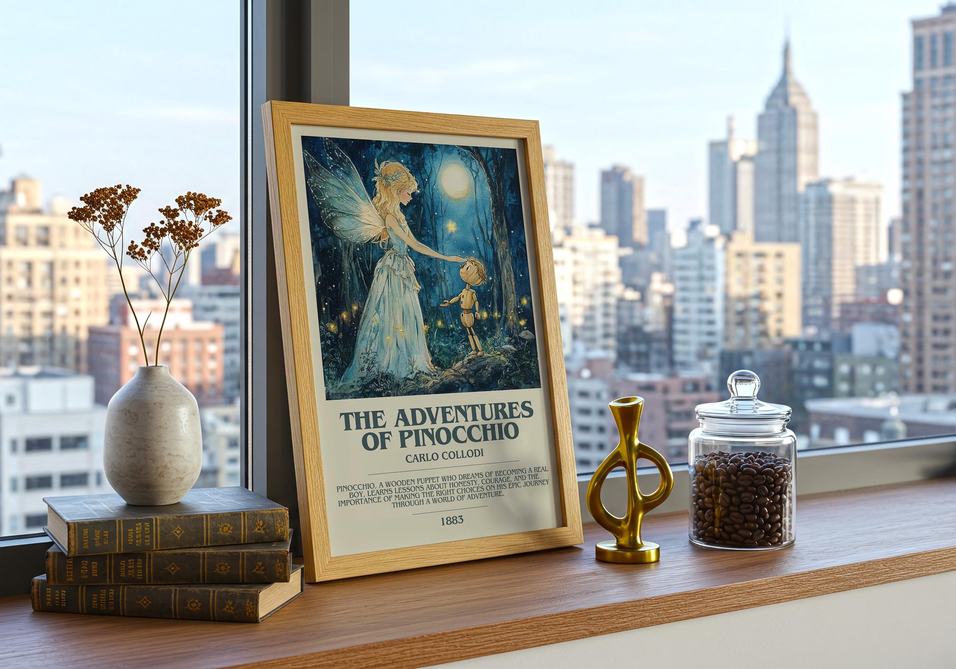 The Adventures Of Pinocchio by Carlo Collodi Descriptive Poster Print. Free Delivery Wall Art Author & Blurb Book Artwork Novel Modern Gift