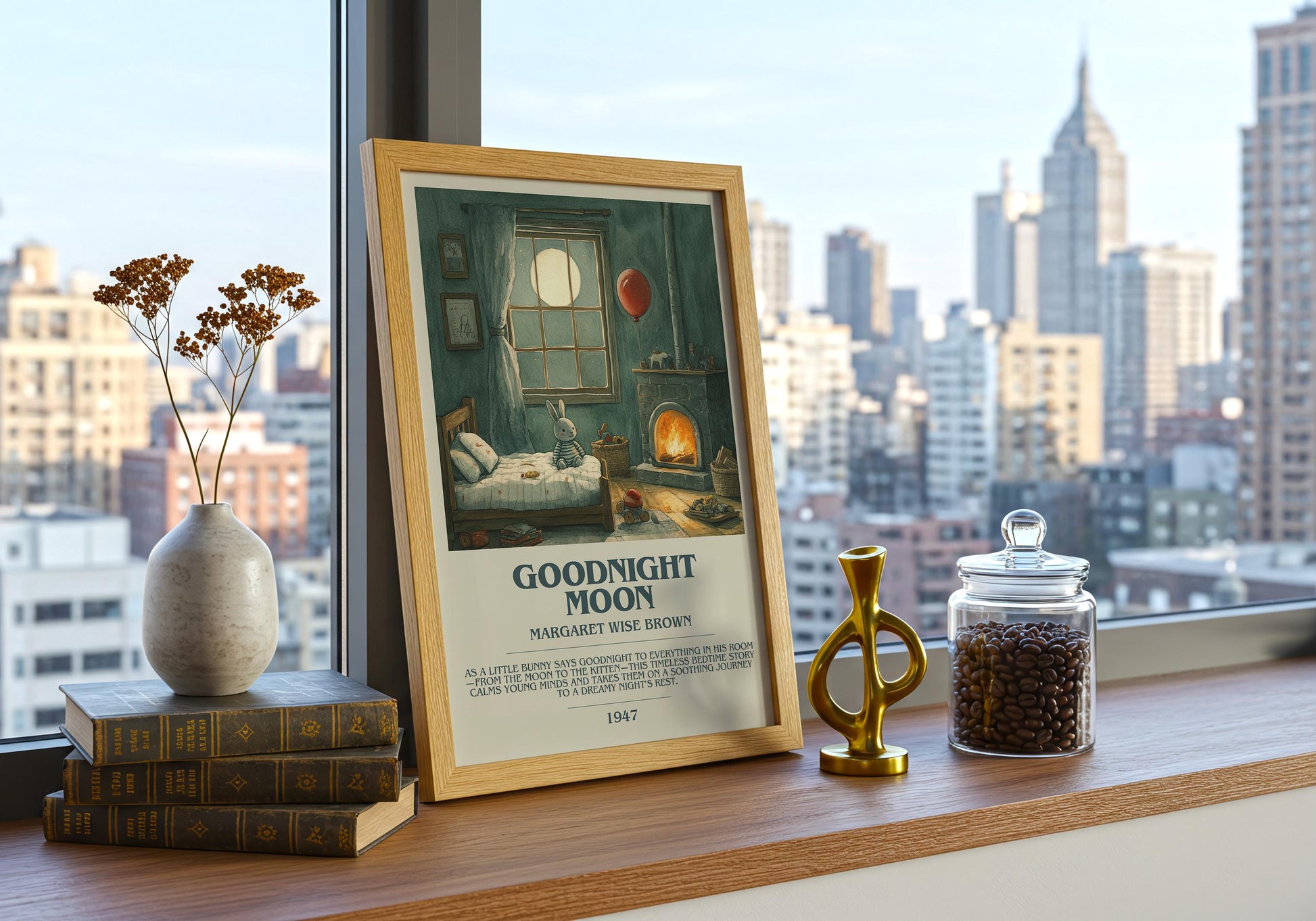 Goodnight Moon by Margaret Wise Brown Descriptive Poster Print. Free Delivery Wall Art Author & Blurb Book Artwork Novel Modern Gift
