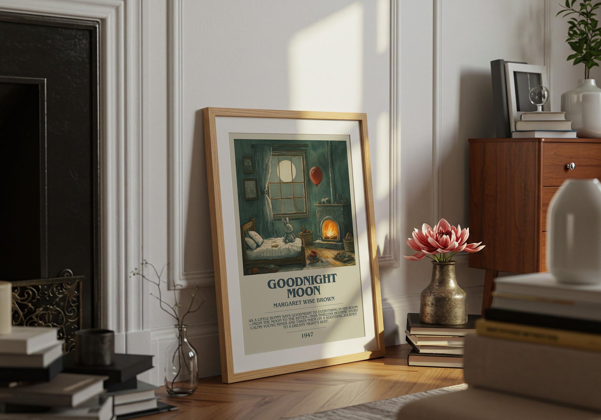 Goodnight Moon by Margaret Wise Brown Descriptive Poster Print. Free Delivery Wall Art Author & Blurb Book Artwork Novel Modern Gift