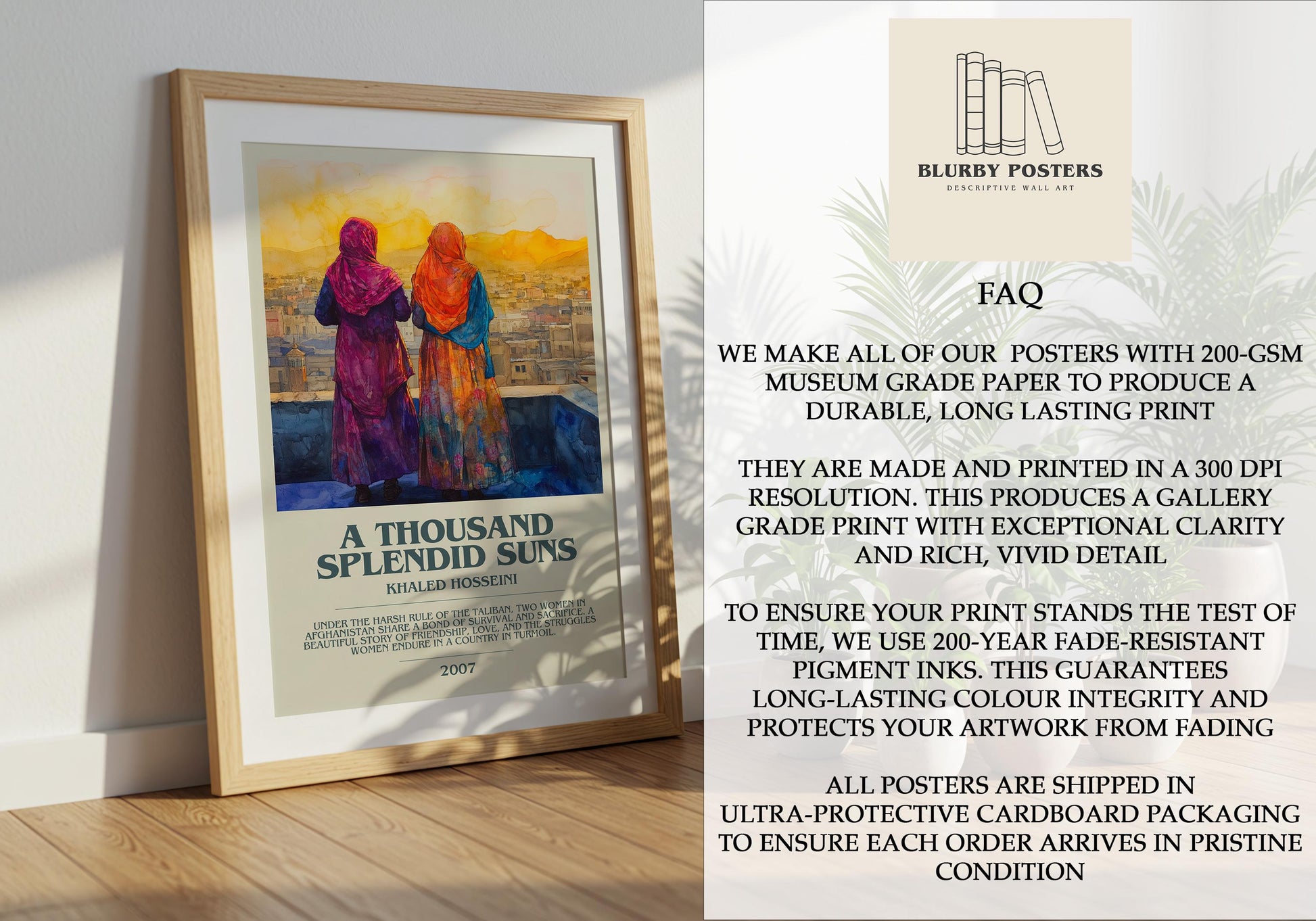 A Thousand Splendid Suns by Khaled Hosseini Descriptive Poster Print. Free Delivery Wall Art Author & Blurb Book Artwork Novel Modern Gift
