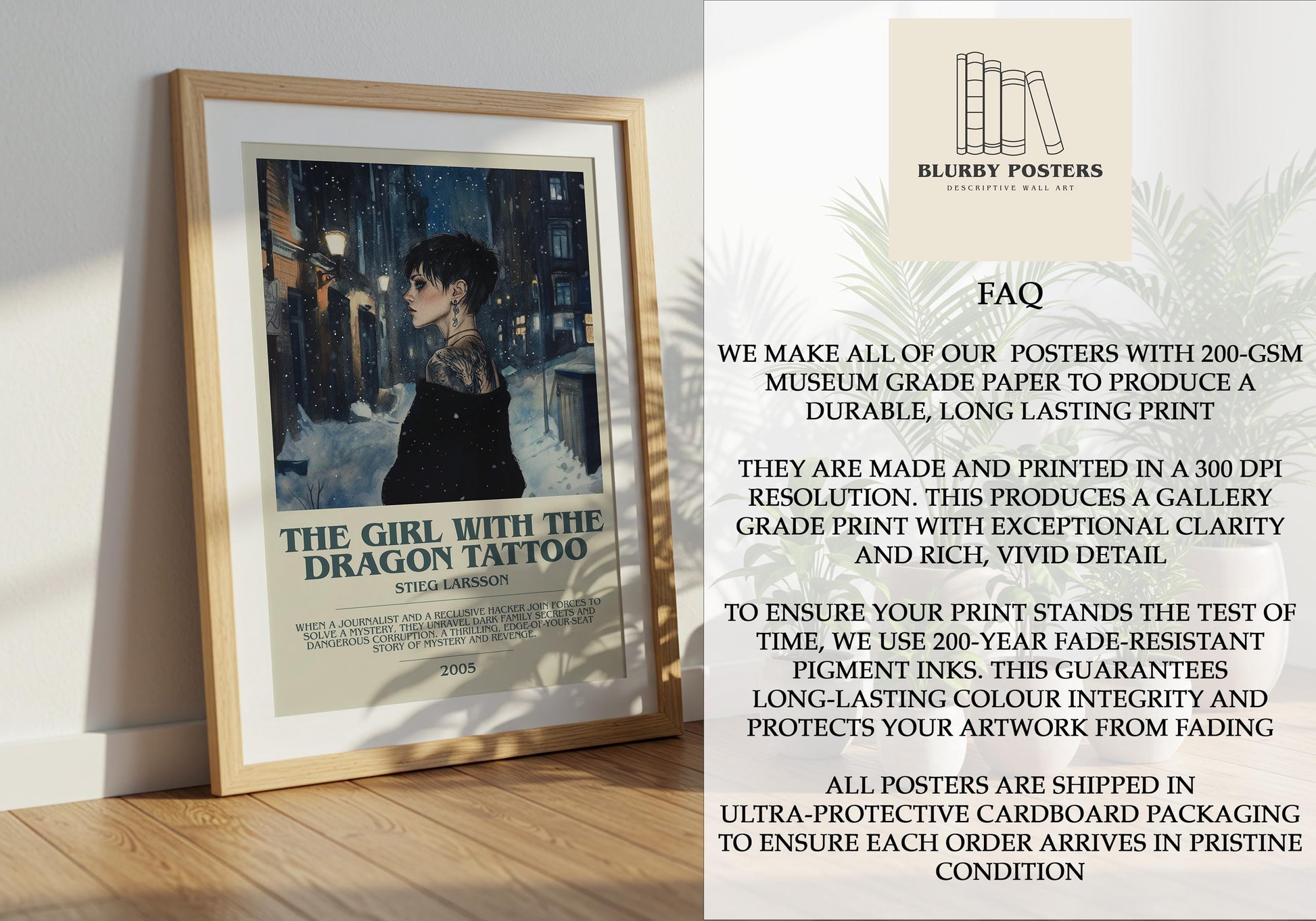 The Girl With The Dragon Tattoo by Stieg Larsson Descriptive Poster Print. Free Delivery Wall Art Author & Blurb Book Artwork Novel Modern