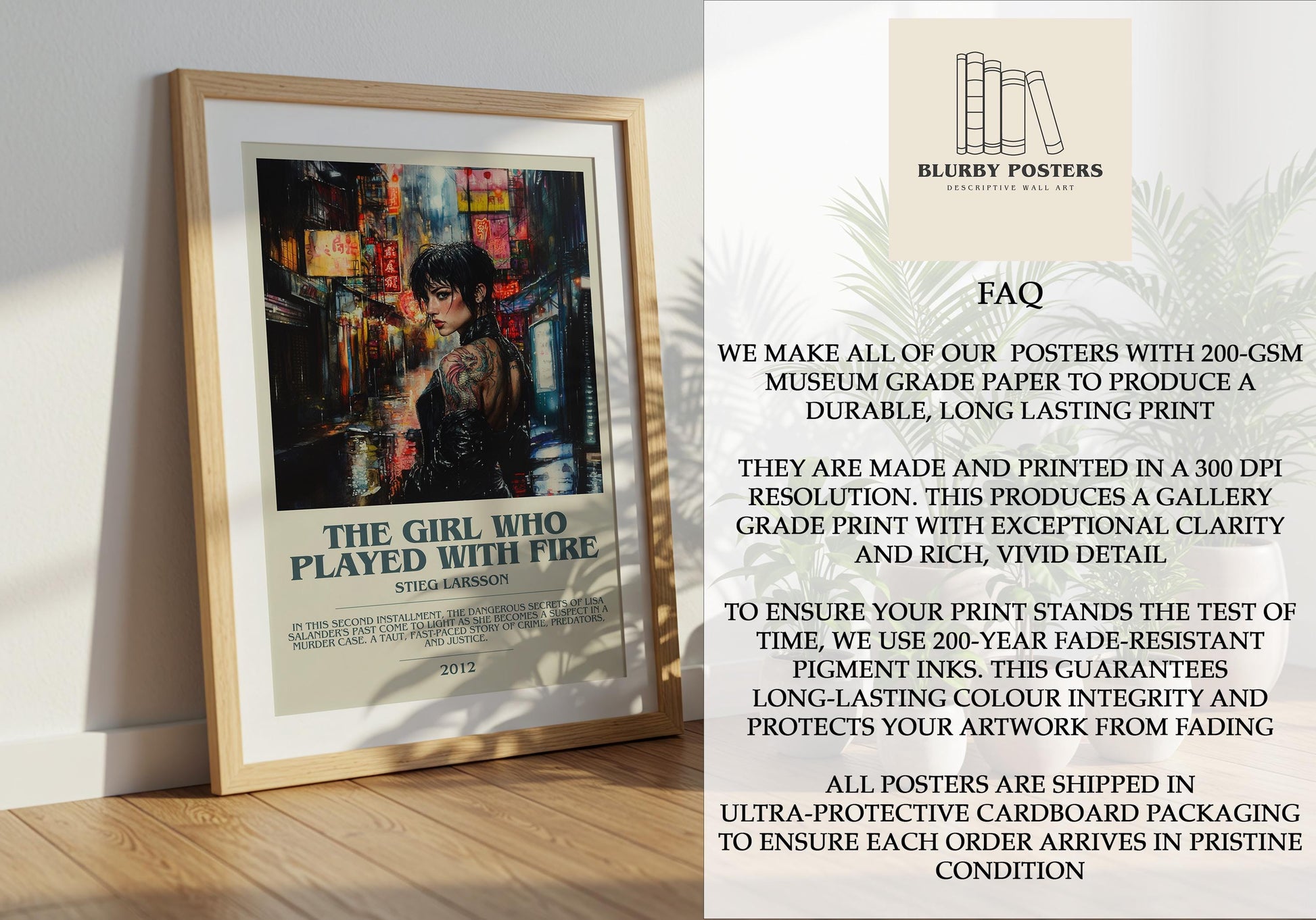The Girl Who Played With Fire by Stieg Larsson Descriptive Poster Print. Free Delivery Wall Art Author & Blurb Book Artwork Novel Modern