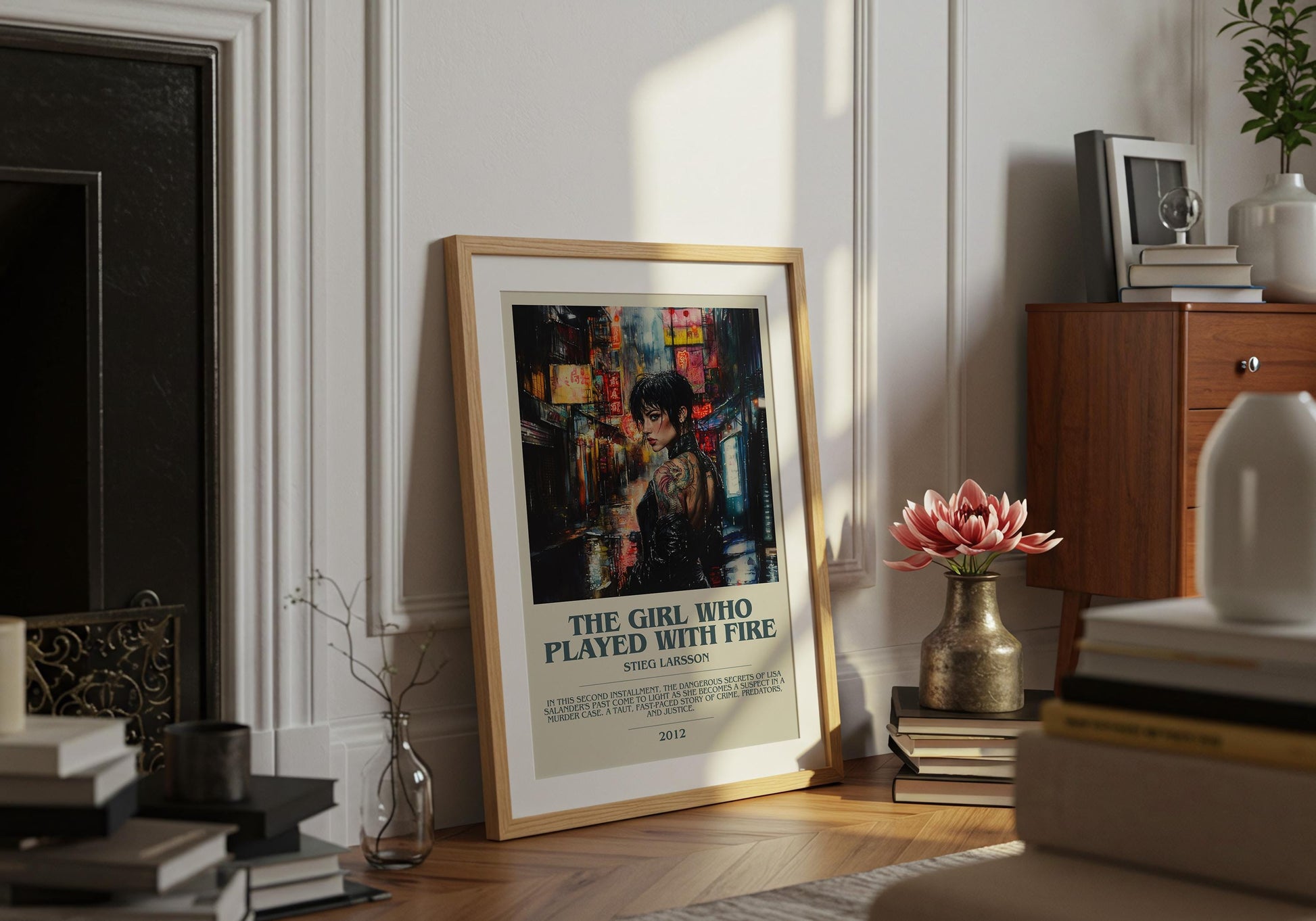The Girl Who Played With Fire by Stieg Larsson Descriptive Poster Print. Free Delivery Wall Art Author & Blurb Book Artwork Novel Modern